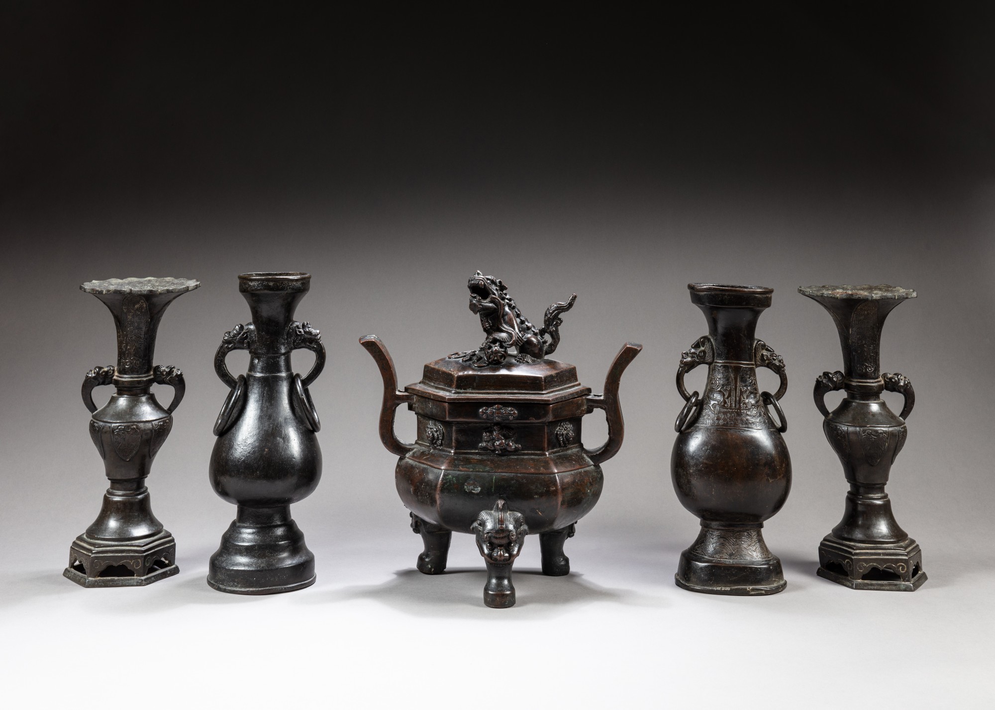 A garniture of five bronze altar vases Ming dynasty, 16th17th century
