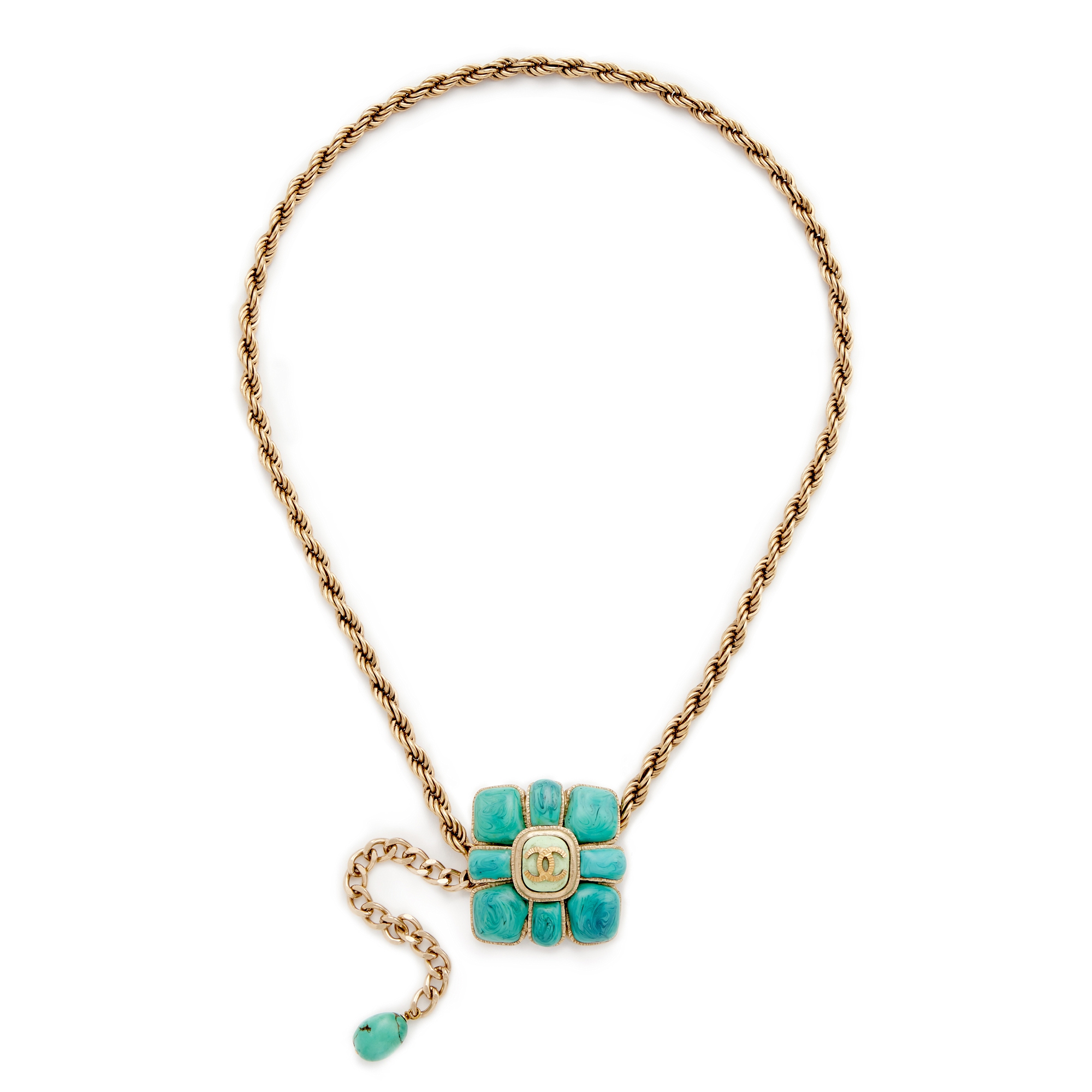 Chanel Vintage Turquoise Gripoix Glass And Gold Metal CC Belt, 1989