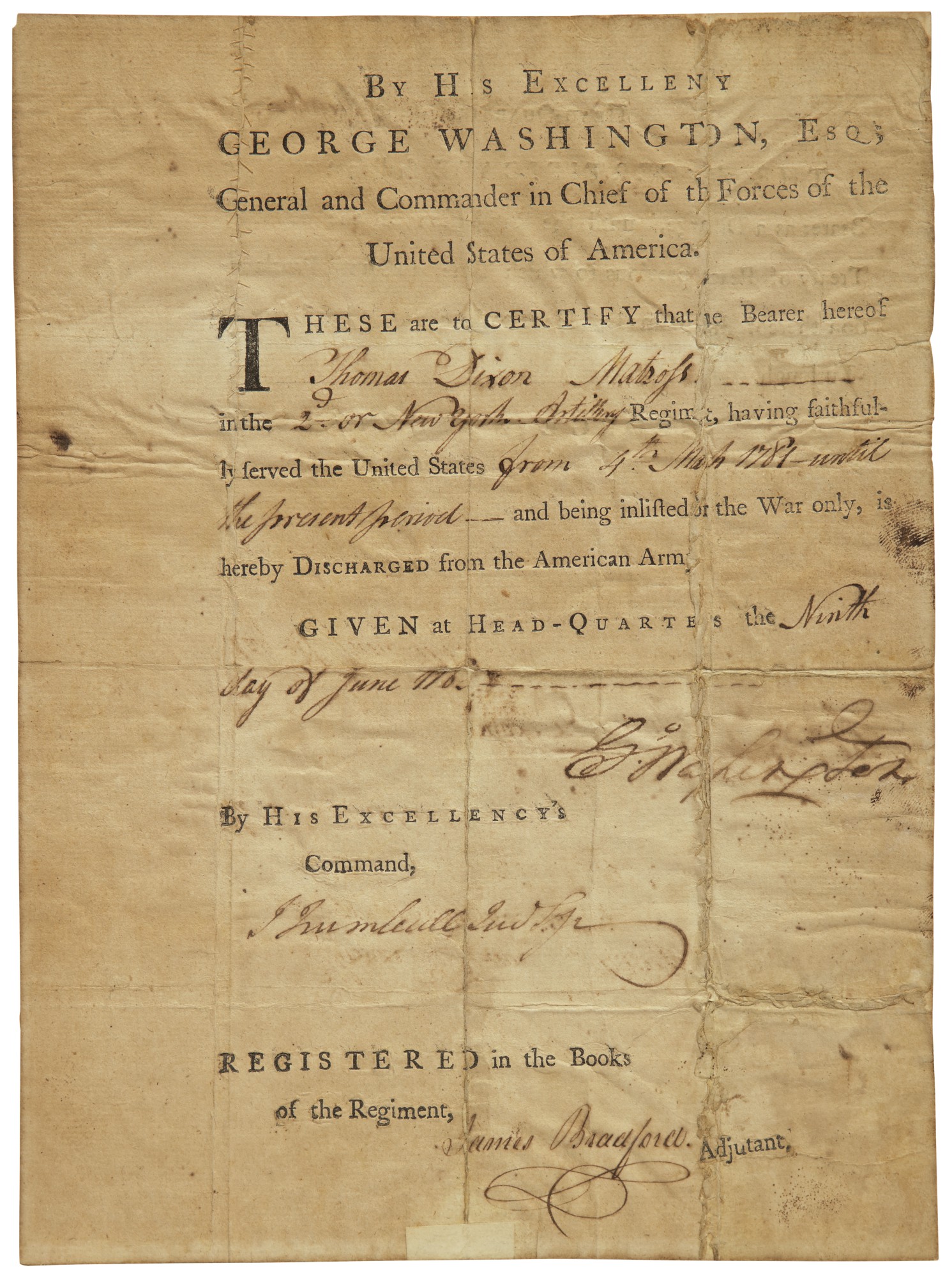 Washington, Discharge document signed, 9 June 1783 Fine