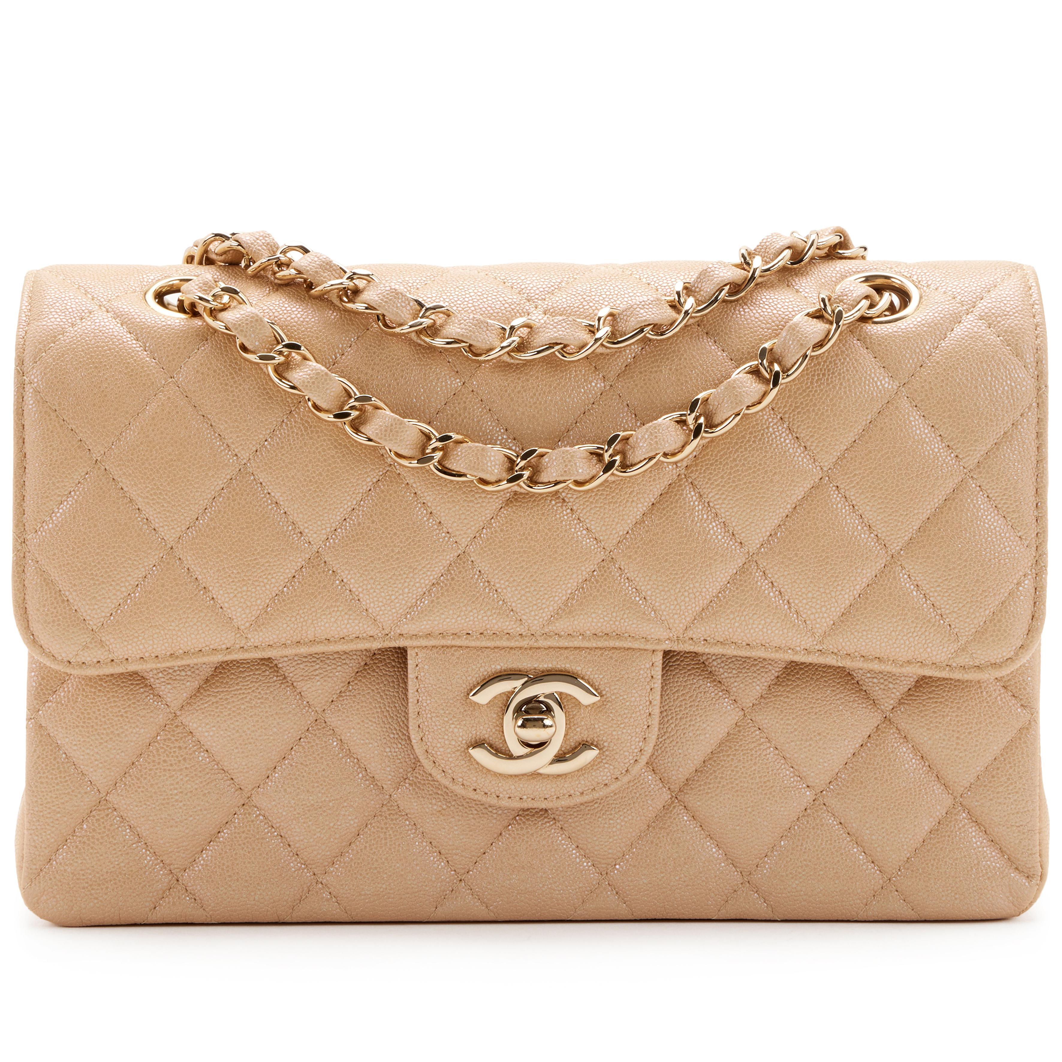 Chanel Iridescent Beige Quilted Caviar Medium Classic Double Flap Gold