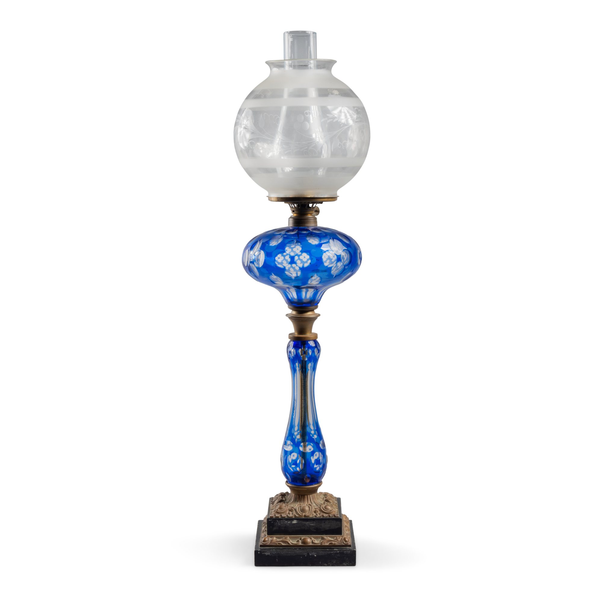A Very Fine American Cobalt Cut Overlay Glass, Brass, and Marble