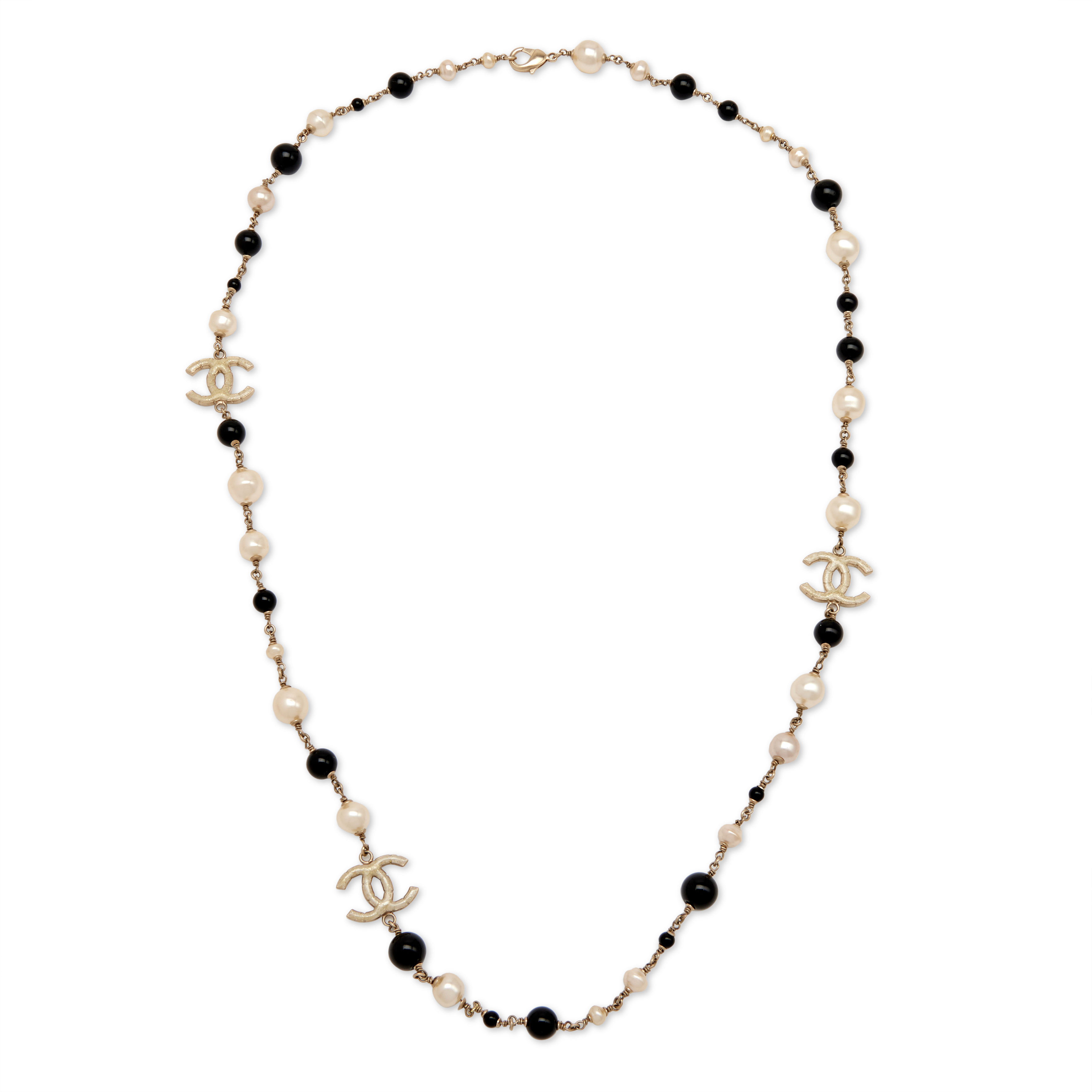 Chanel White, Beige, & Silver Imitation Pearl, Crystal, & Metal Long Strand CC Necklace, 2003, Fashion | Bead Strand, Contemporary Jewelry (Like New)