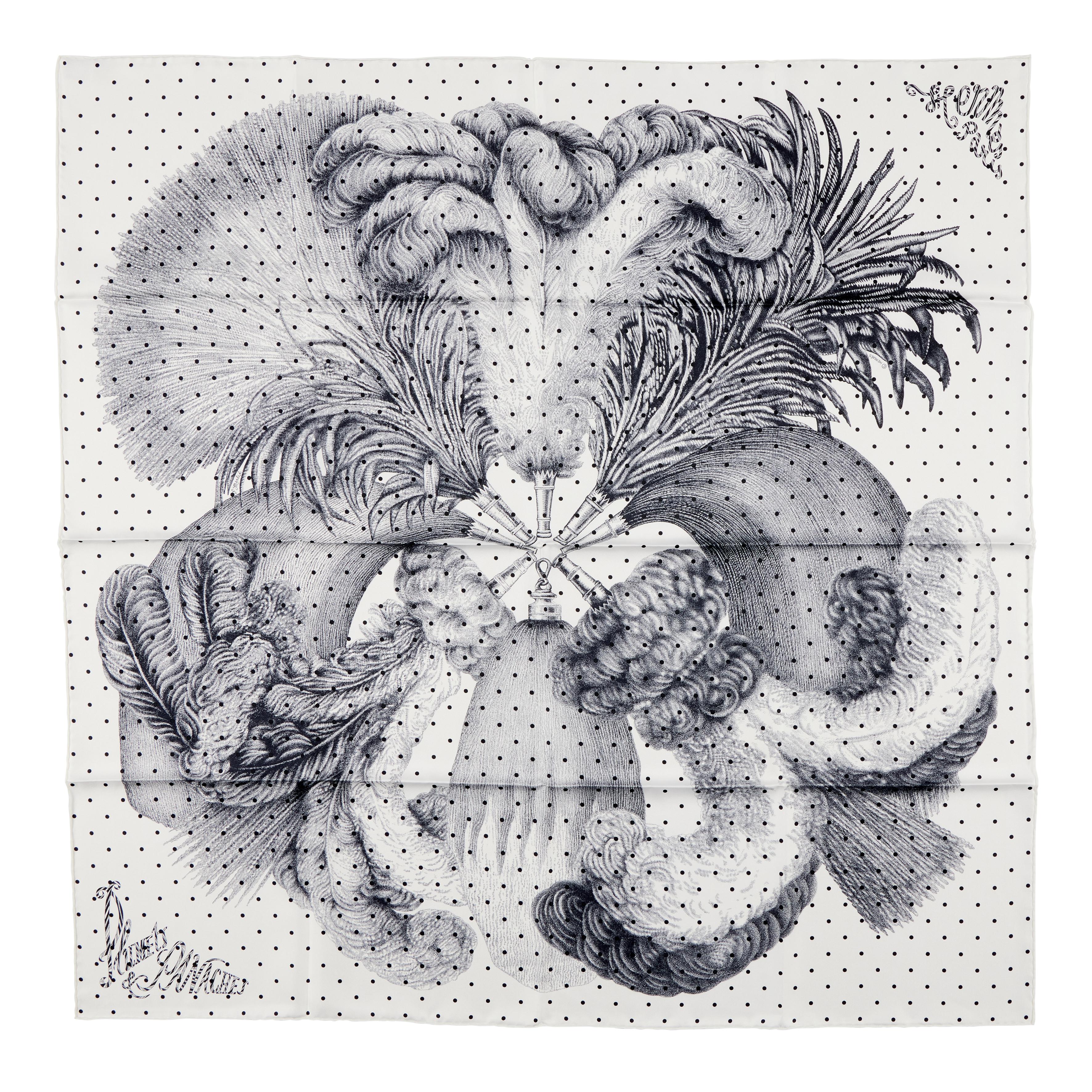HERMES Plumets et Panaches スカーフ　カレ90 Hermès Black, White And Anthracite Plumets Et Panaches Silk Scarf