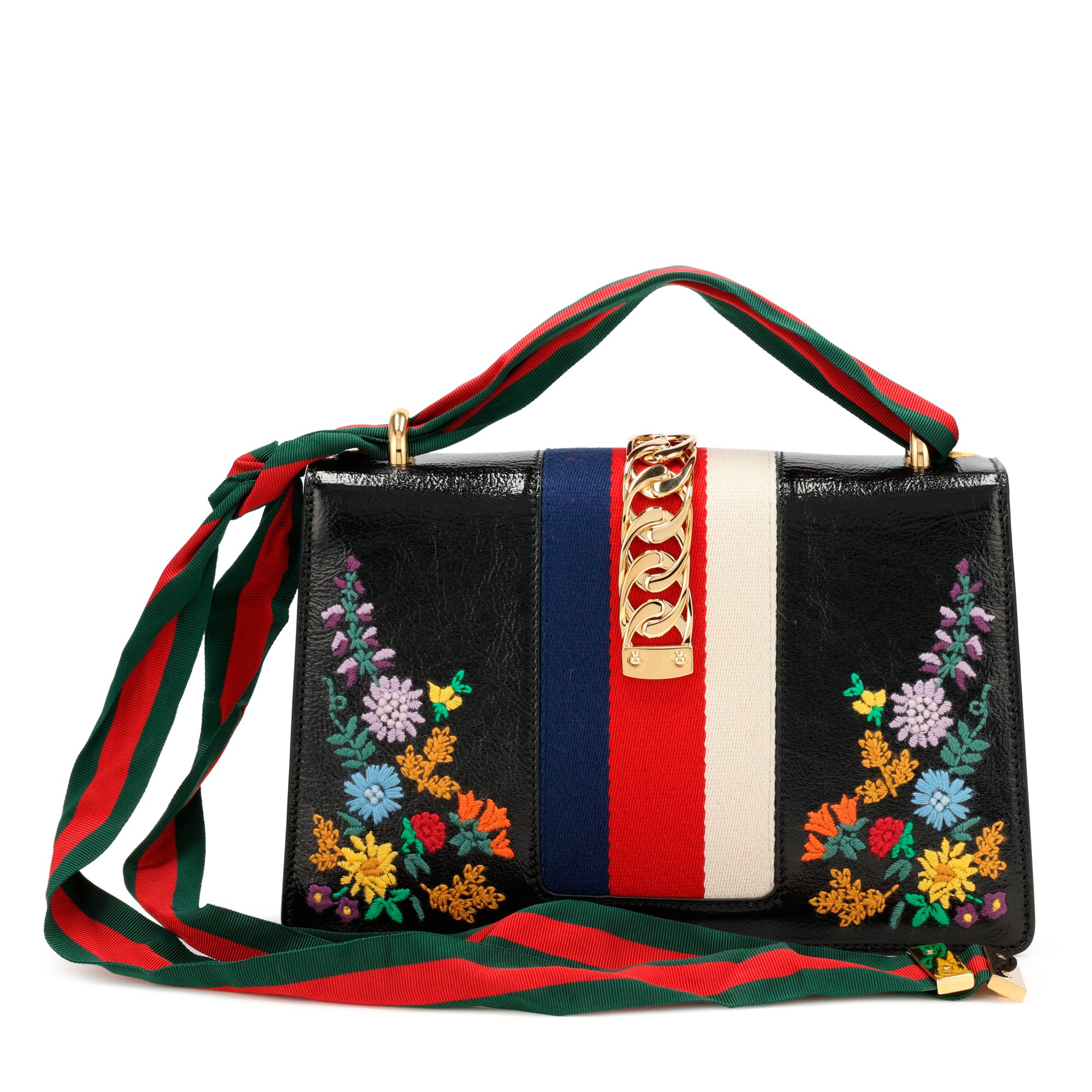 Gucci Black And Multicolor Floral Embroidered Crinkled