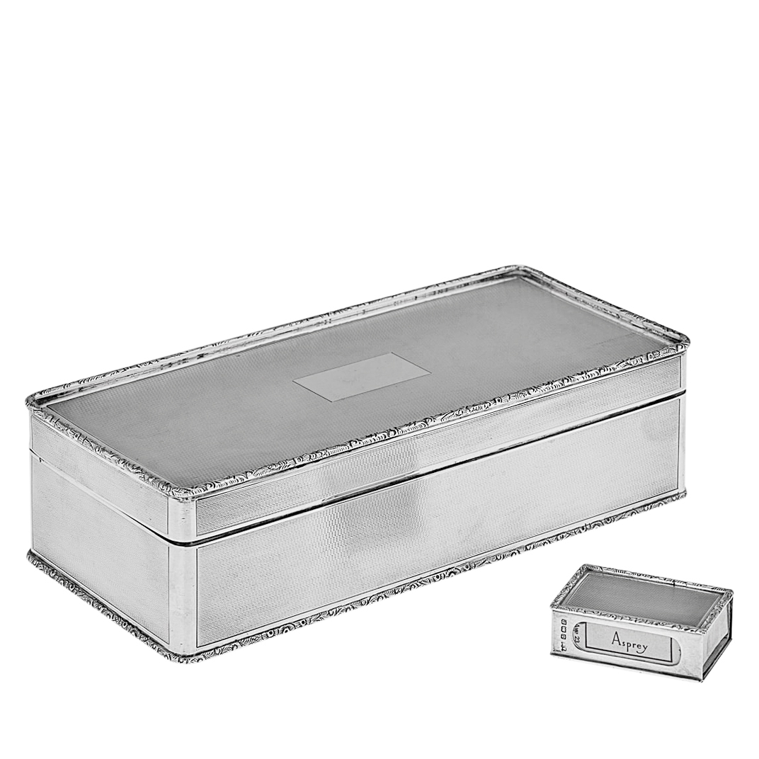 Asprey Vintage English Modern Silver Cigar Box And Matchbox Case