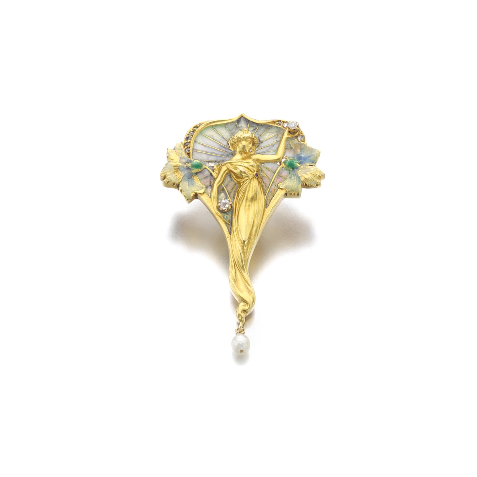 ENAMEL, PEARL AND DIAMOND PENDANT/BROOCH, MASRIERA, CIRCA 1900 Fine