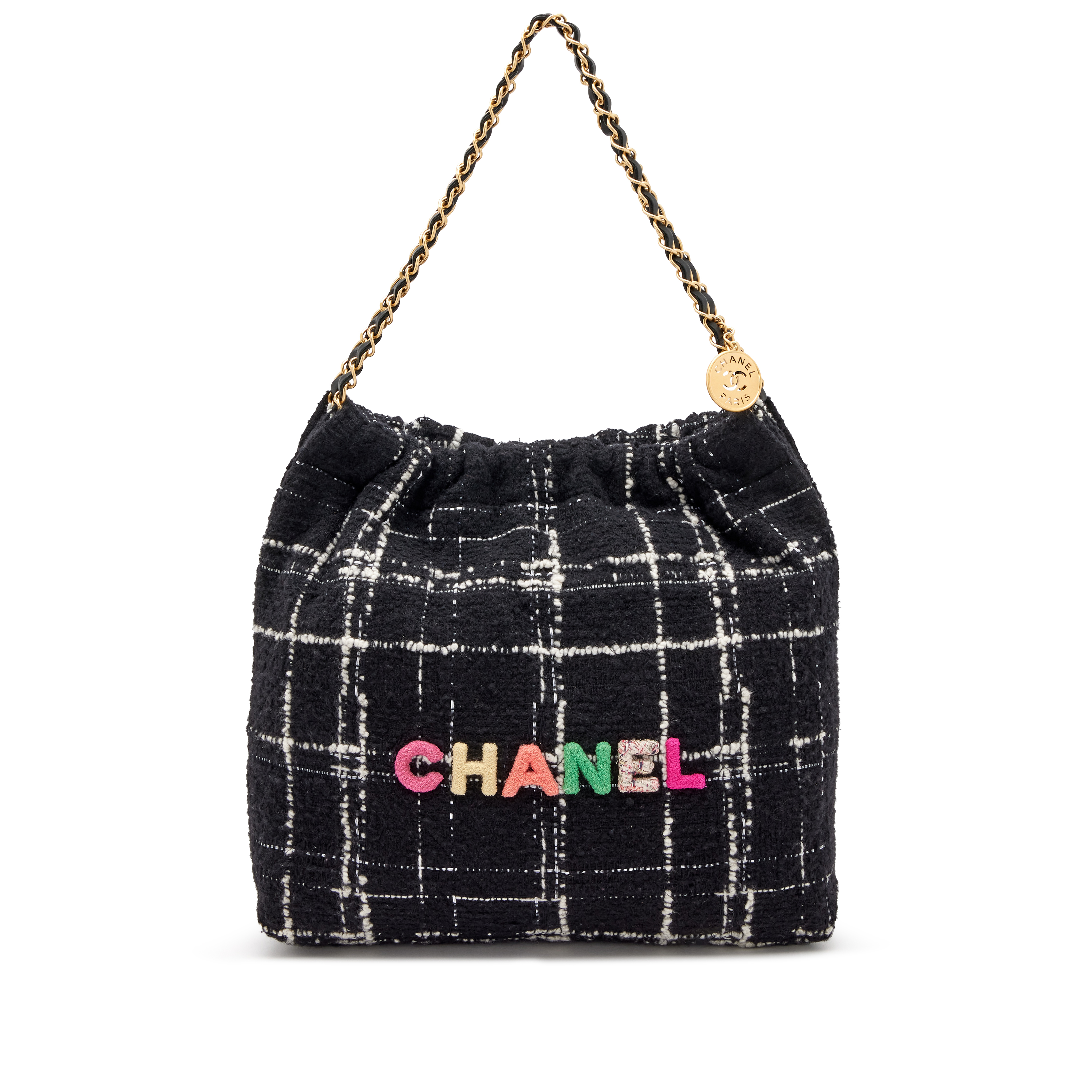 ★BLACKUP★ Tweed round tote bag black P00000DA Chanel Black, White, And Rainbow Quilted Wool Tweed 22 Tote