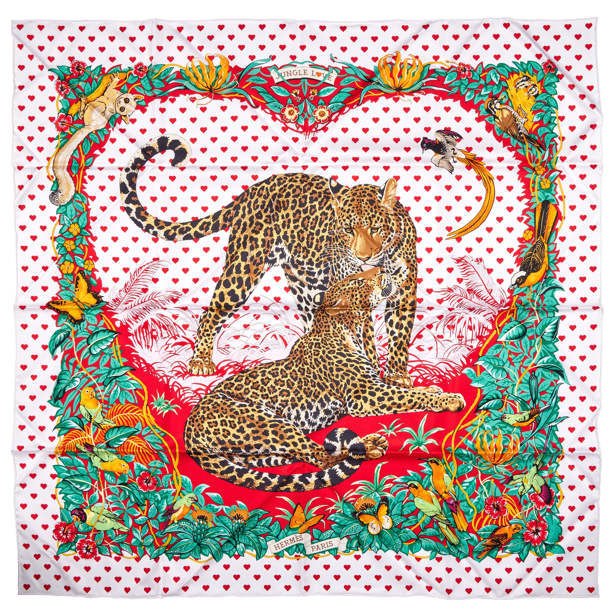 Hermès White, Rouge And Vert Jungle Love Silk Scarf 90 Available
