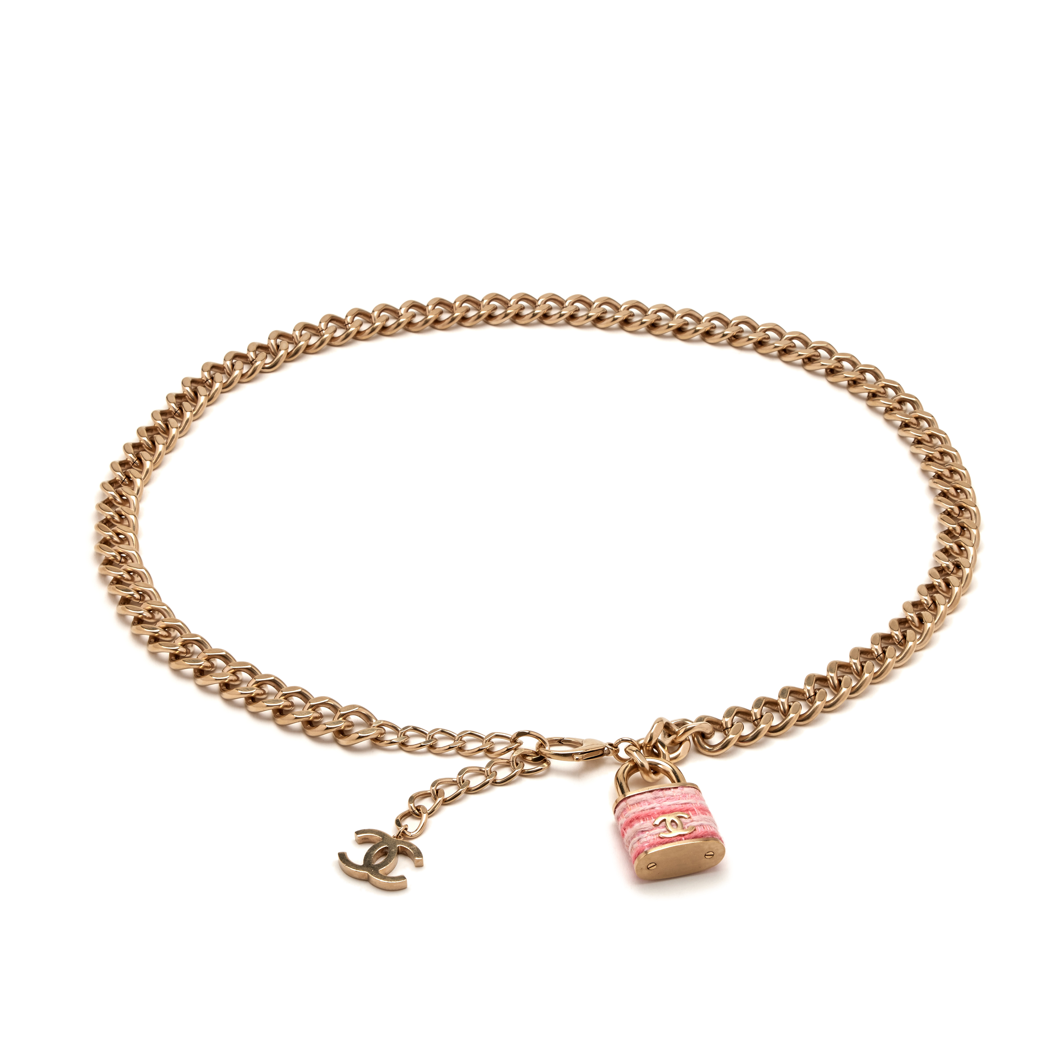 Chanel Pale Brushed Gold Metal, Pink Tweed CC Padlock 
