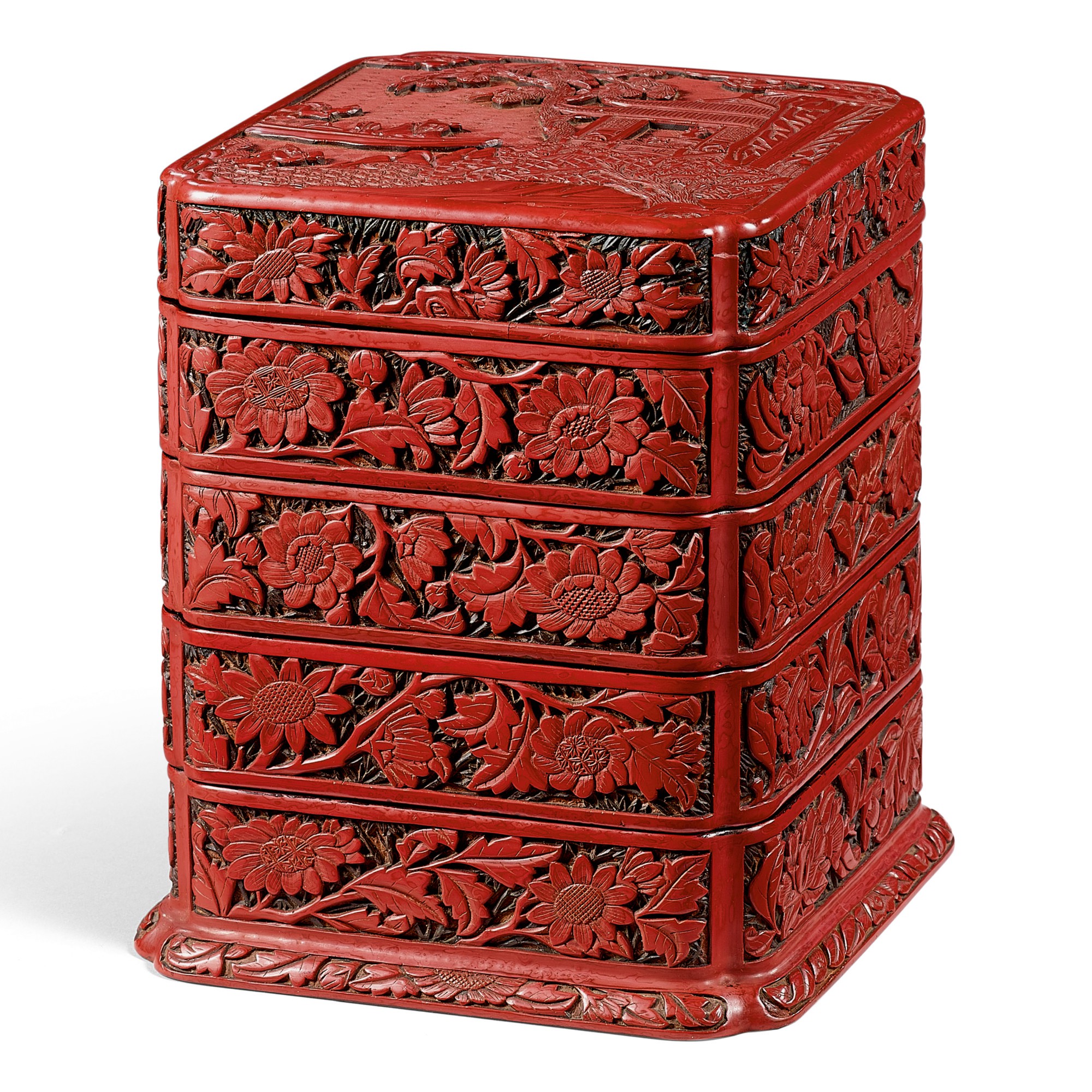 A RARE CARVED CINNABAR LACQUER FOUR-TIERED BOX AND COVER MING DYNASTY ...