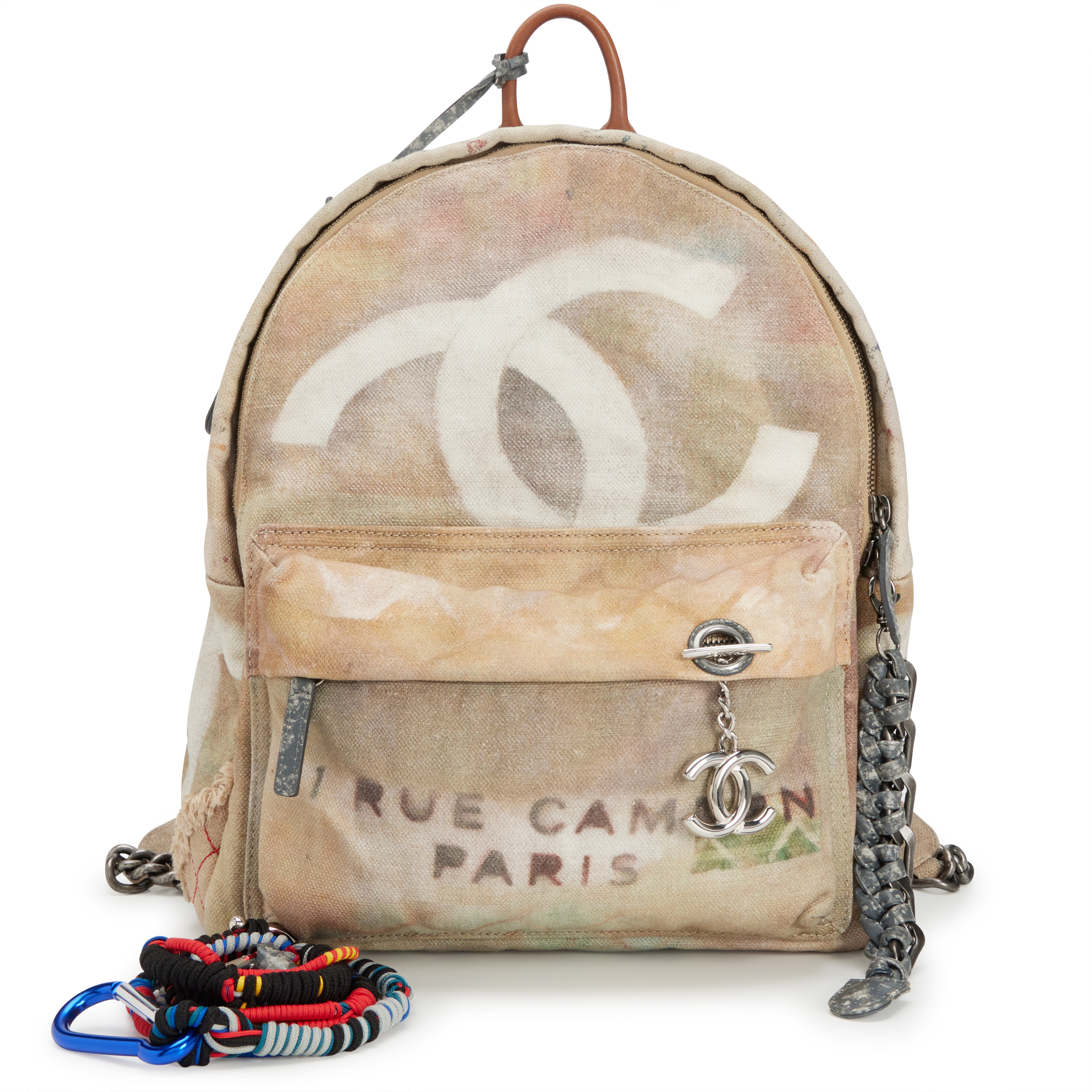 CHANEL Faded Beige Canvas Backpack with Multicolor Strap and Silver-Tone Charm Chanel Beige Multicolor Canvas Backpack Multiple colors  main image 2