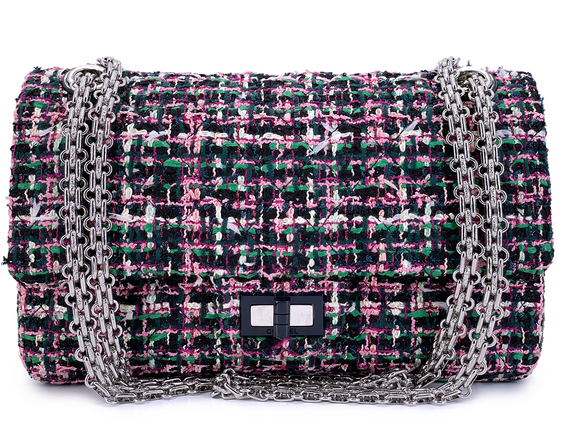 Chanel Pink And Green Tweed 2.55 Reissue 225 Flap Bag Silver