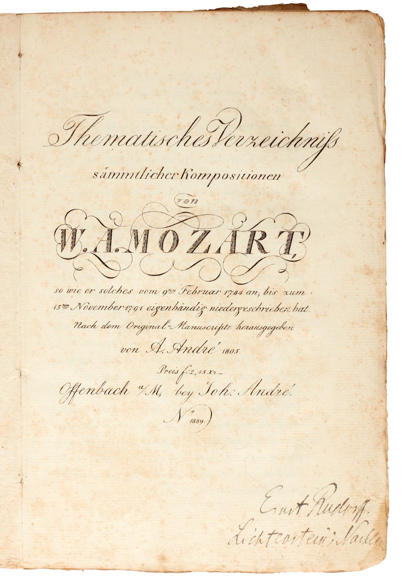 W. A. MozartJohann Anton André. First edition of Mozart's thematic