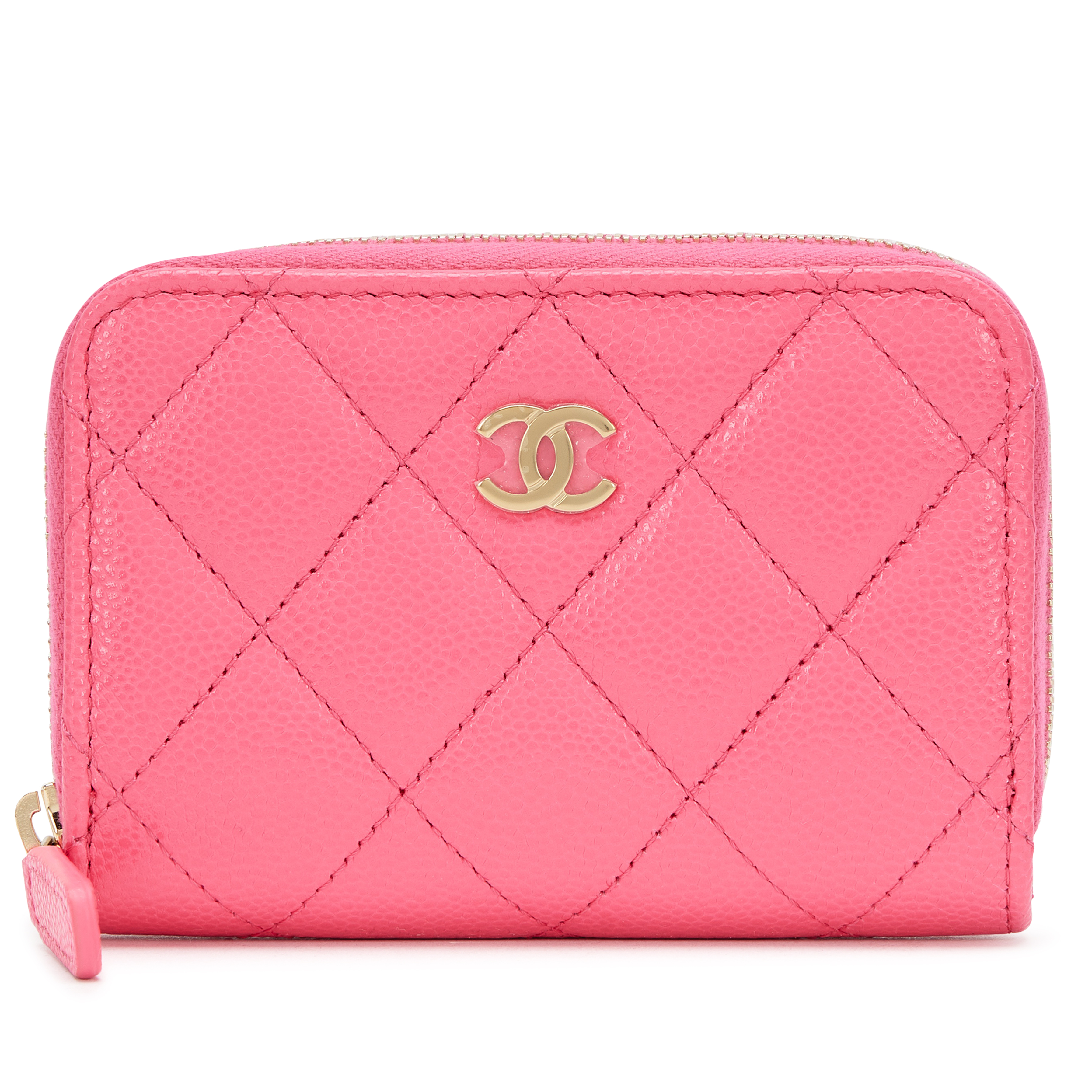 Chanel Neon Pink Quilted Caviar Zip Coin Purse Light Gold Hardware