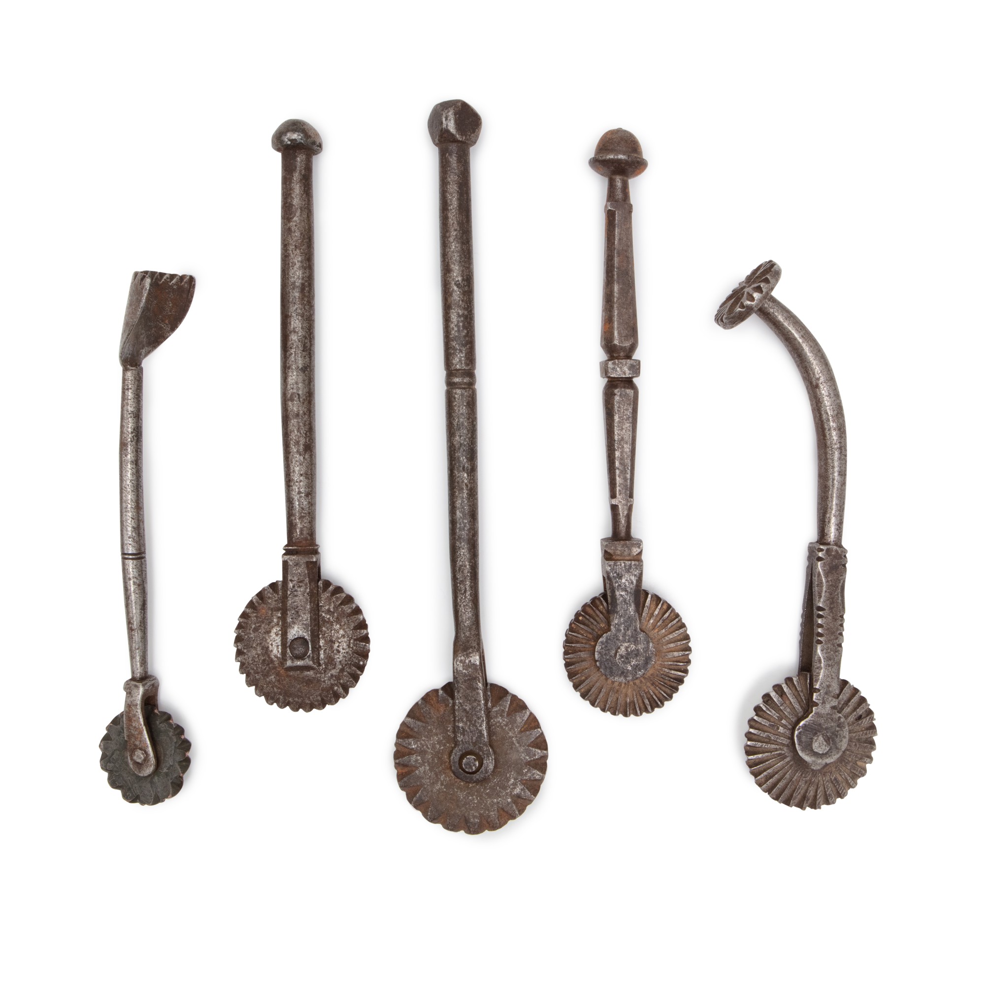 Group of Five HandWrought Iron Jagging Wheels, Southeastern