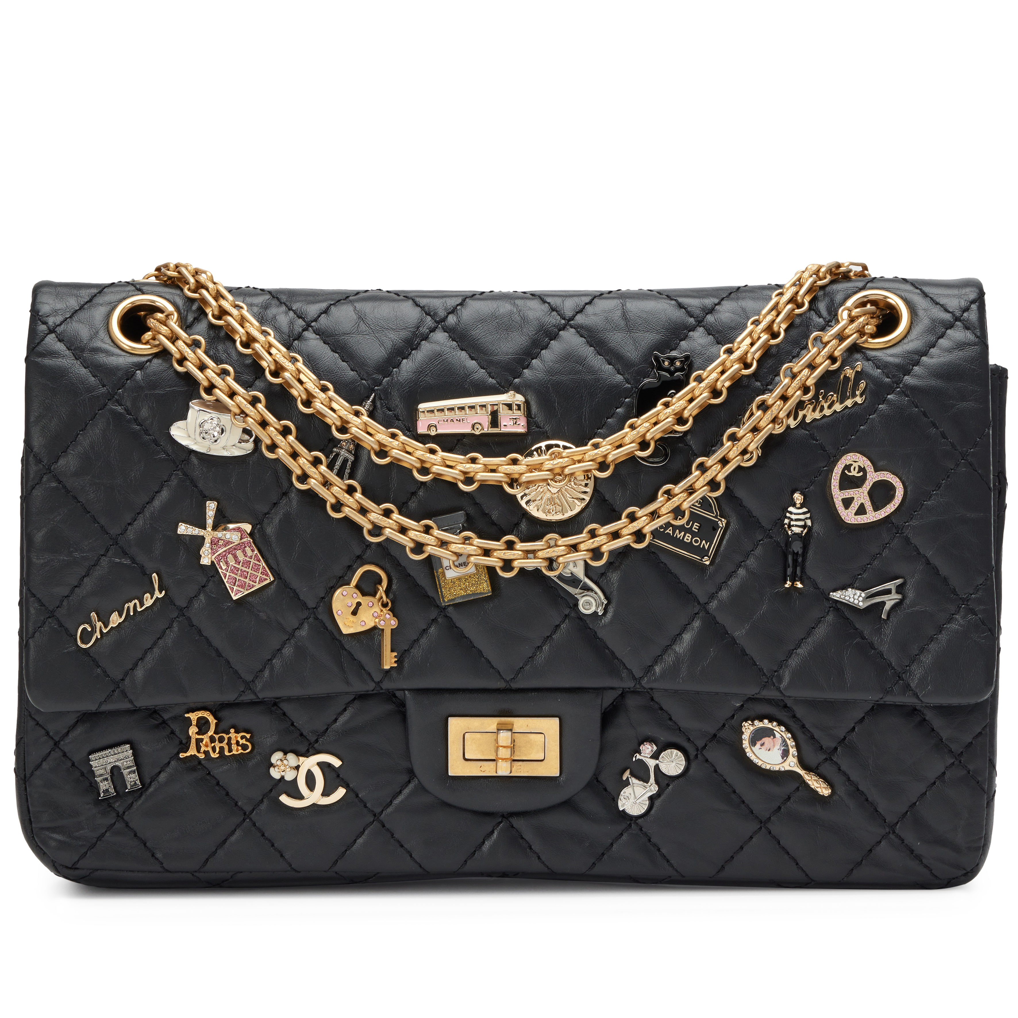 Black Quilted Aged Calfskin Paris Rue Cambon Lucky Charms 226 Reissue Double Flap Bag Antique Gold Hardware, 2018