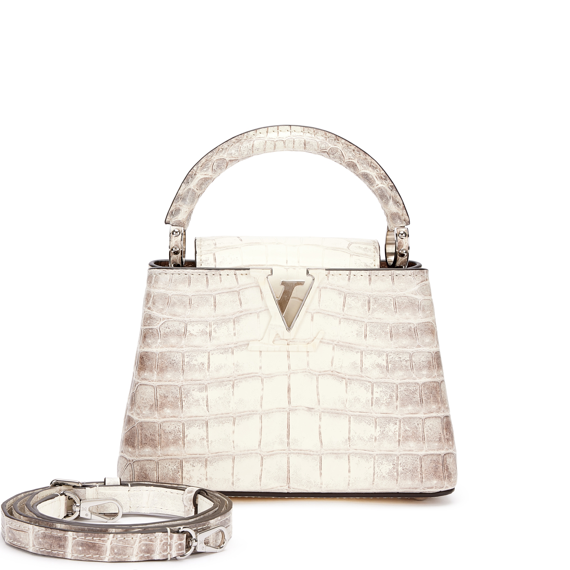 White Matte Himalaya Crocodile Mini Capucines Silver Hardware and Twilly