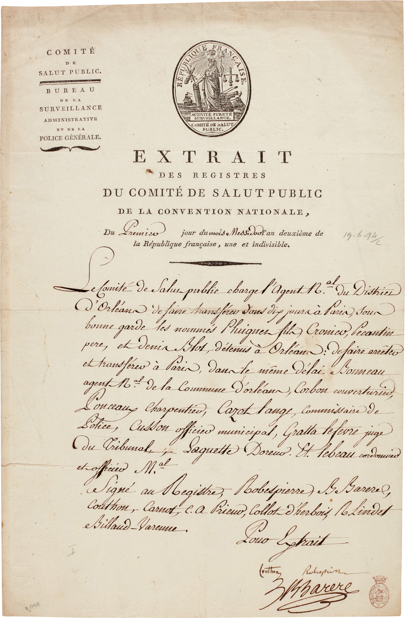 Robespierre Document signed by Robespierre, Couthon and Barrère