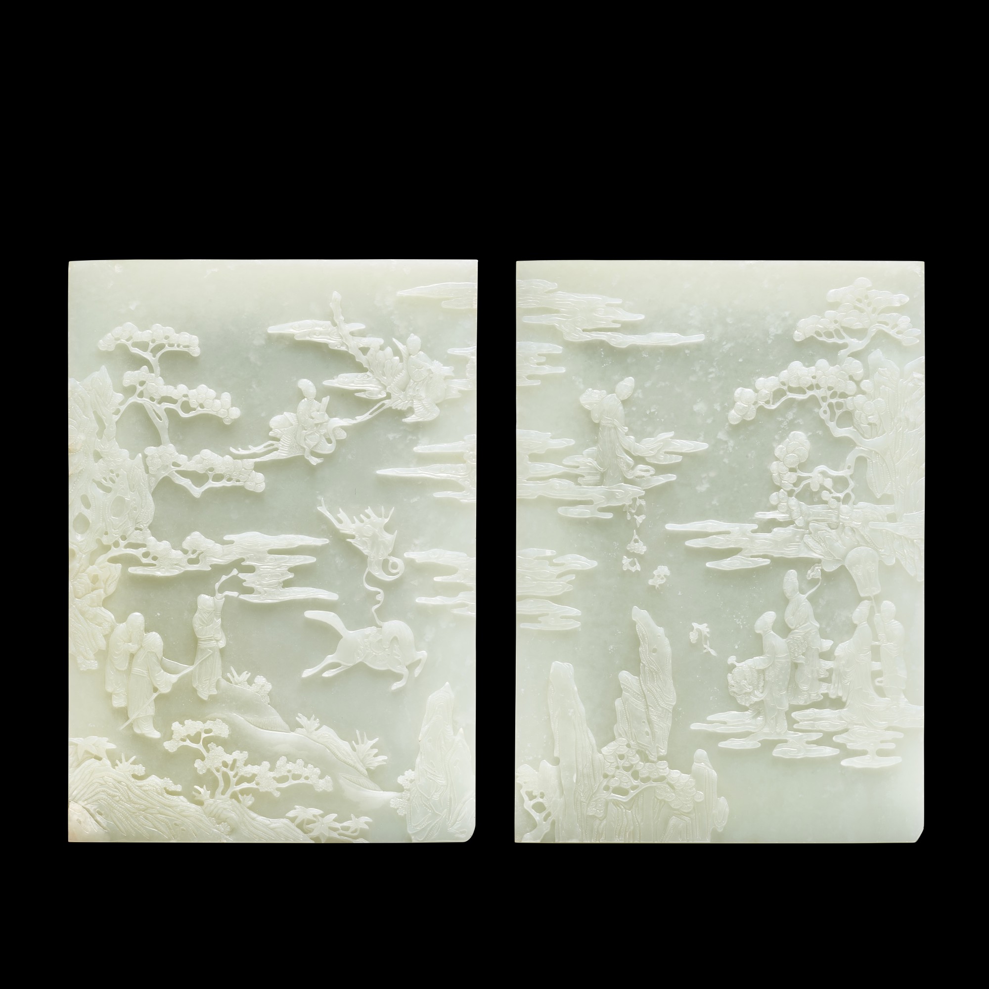 A rare large pair of white jade 'immortals' screens Qing dynasty 清