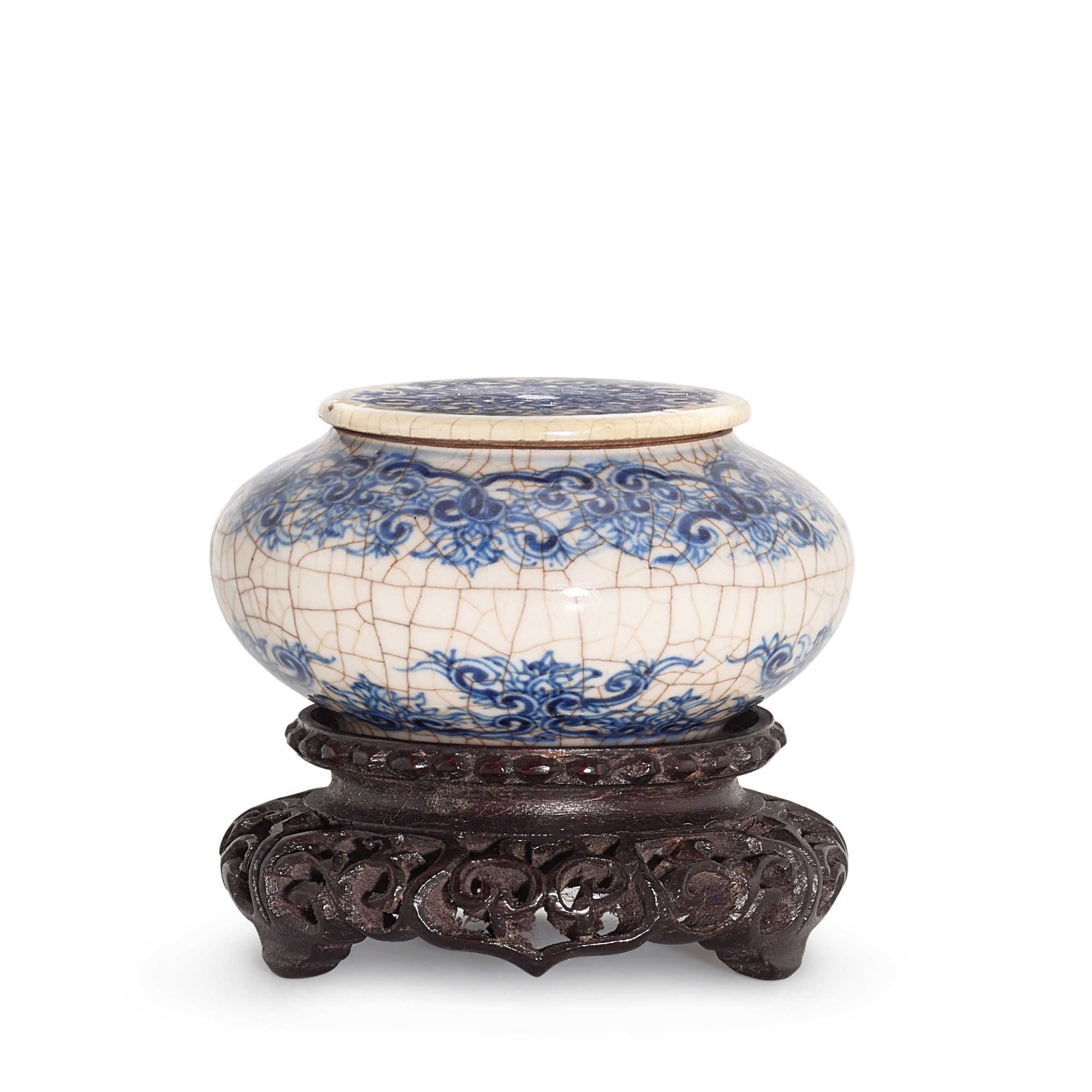 A blue and white 'lion' conical bowl and a crackle-glazed underglaze ...