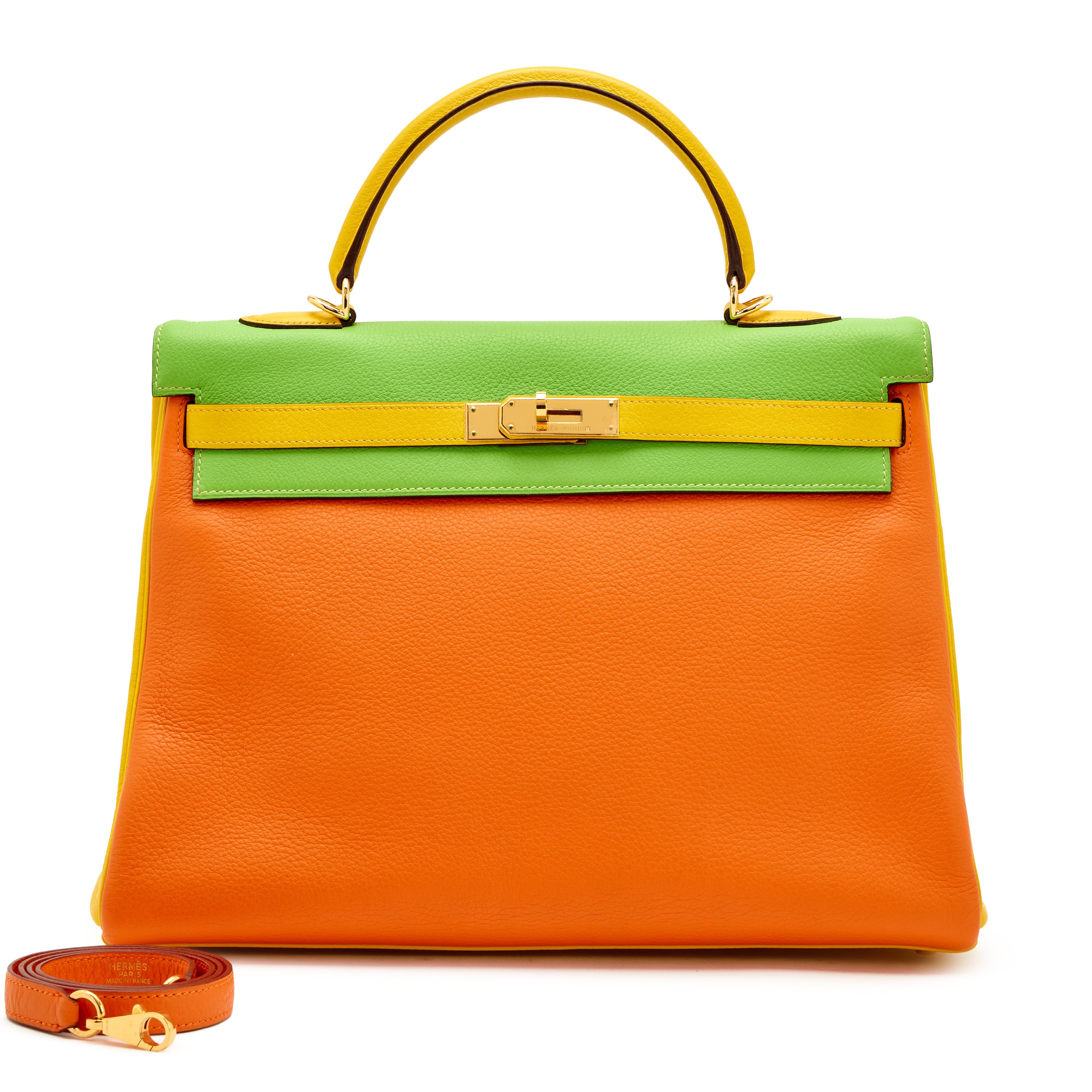 Hermès Orange, Vert Cru, And Jaune Clemence Tri-color Kelly 35