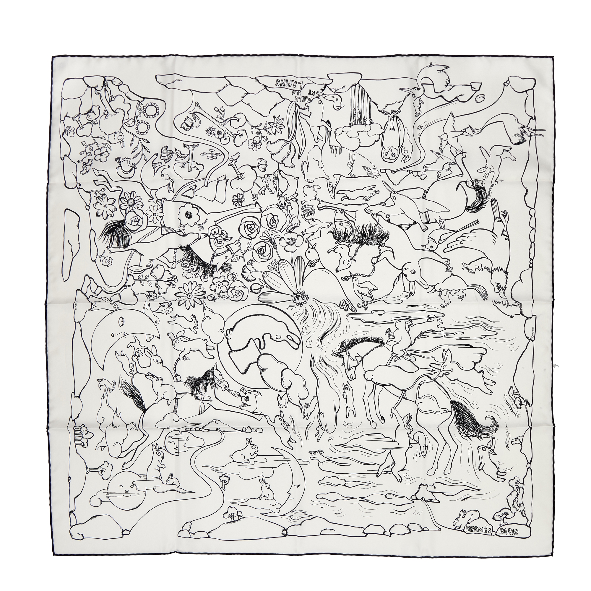Hermès Black And White Silk Mille Et Un Lapins Scarf 90 And Black