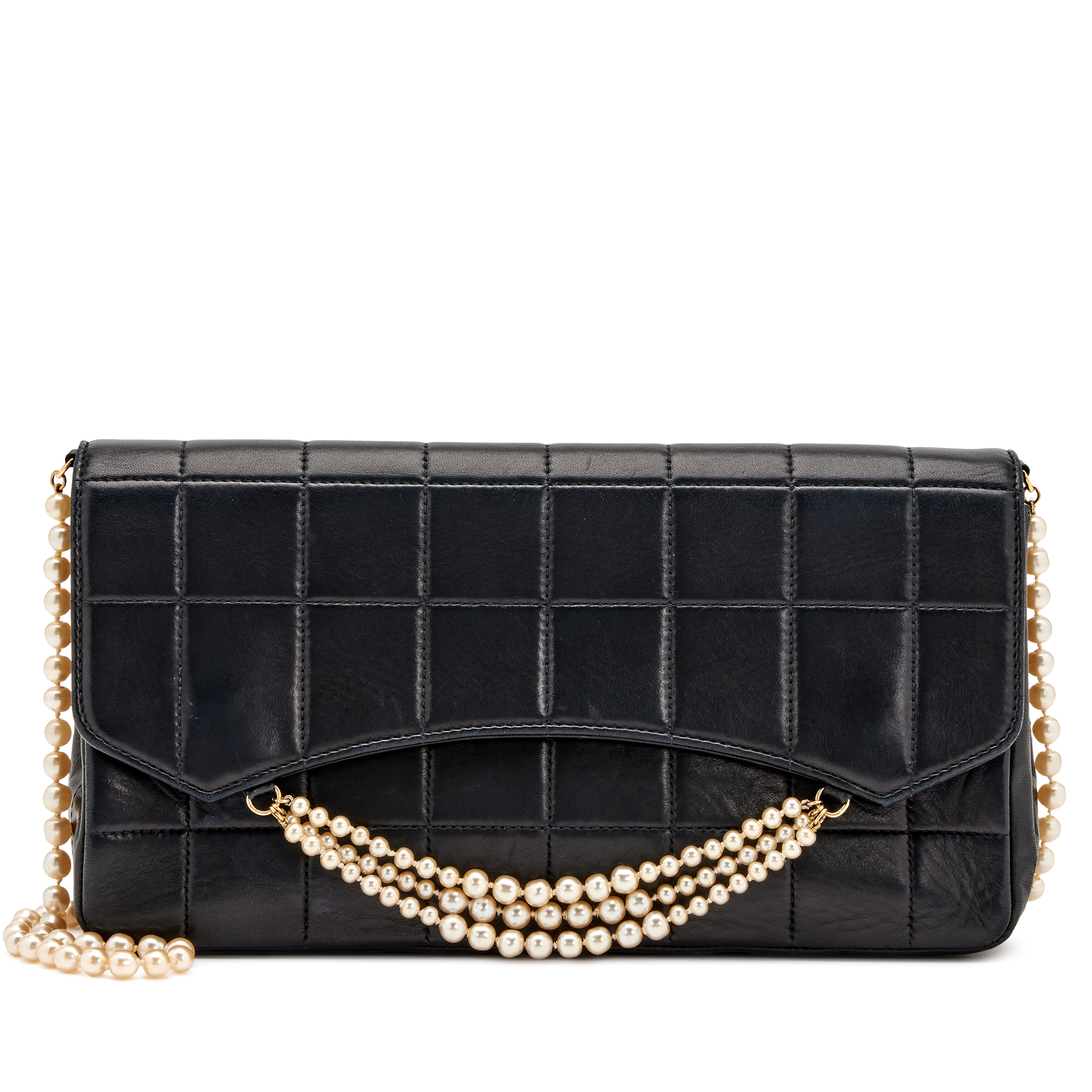 Chanel Black Lambskin Quilted Chocolate Bar Imitation Pearl Chain