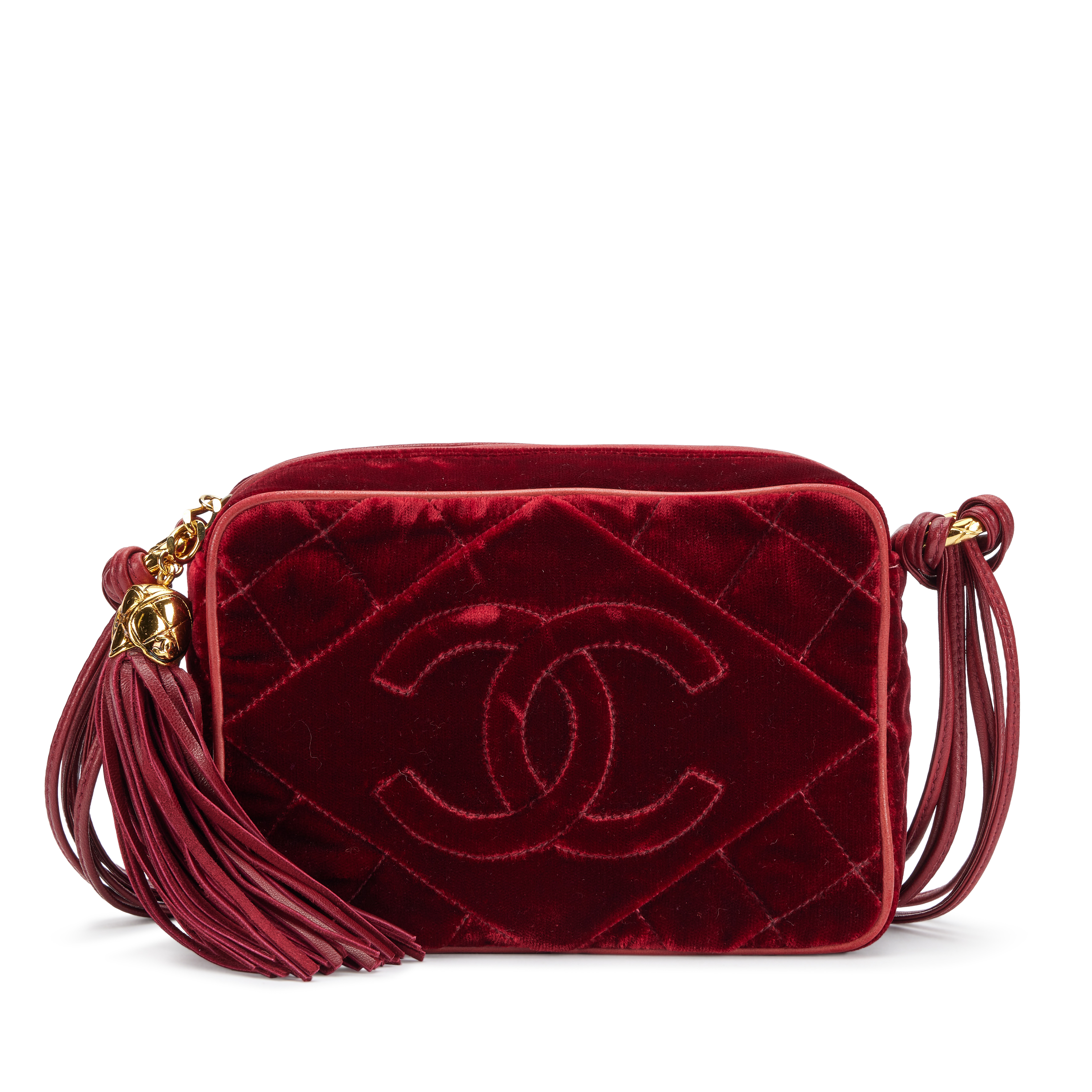 Chanel Vintage Burgundy Red Quilted Velvet CC Camera Tassel Bag
