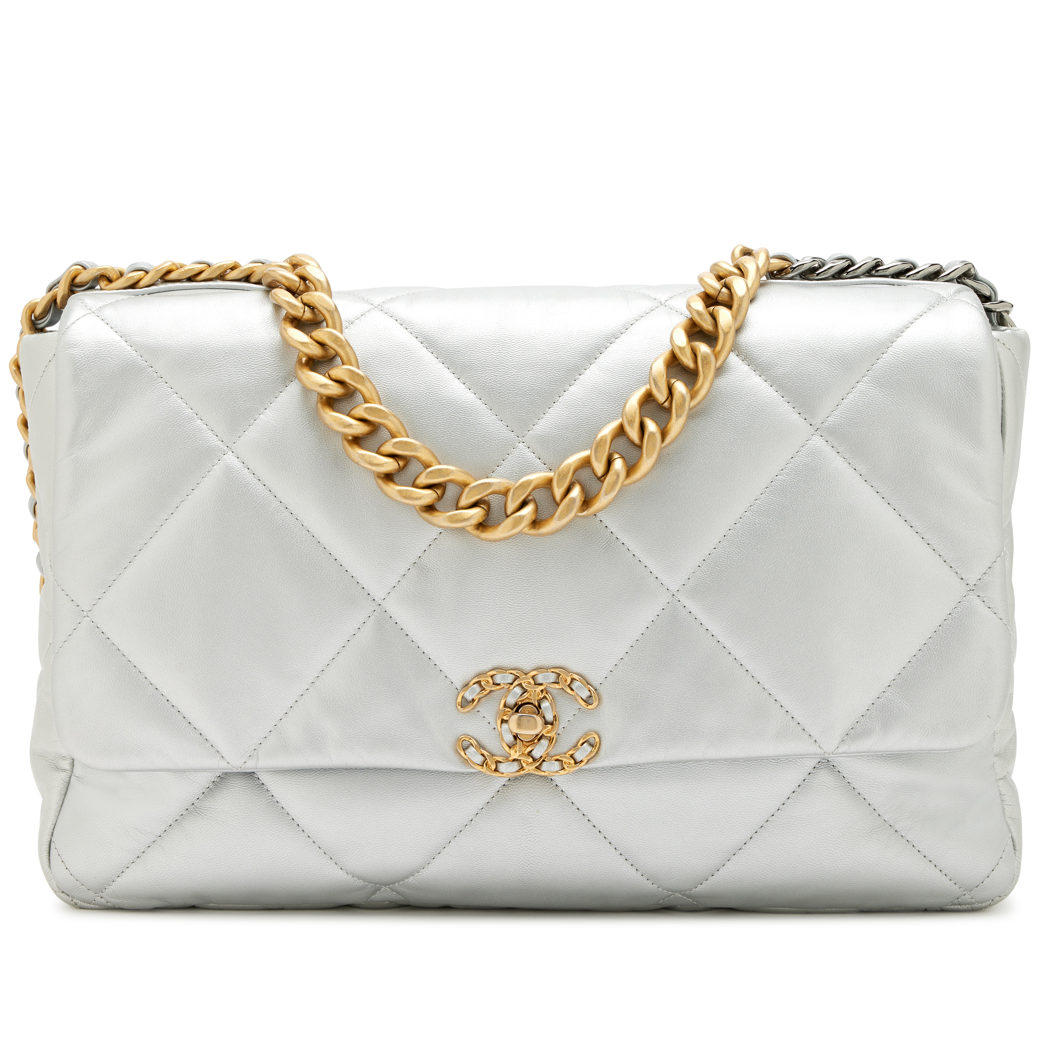 Chanel Metallic Silver Quilted Goatskin Maxi 19 Flap Bag Mixed