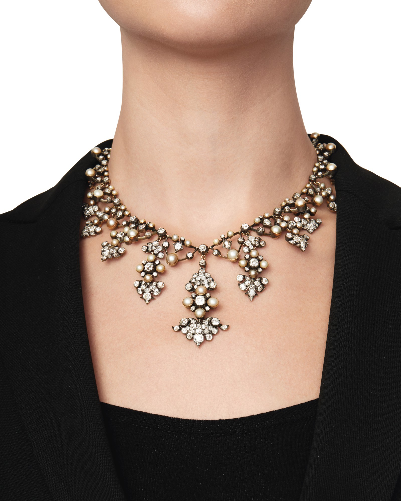 SilverTopped Gold, Pearl and Diamond TiaraNecklace Combination