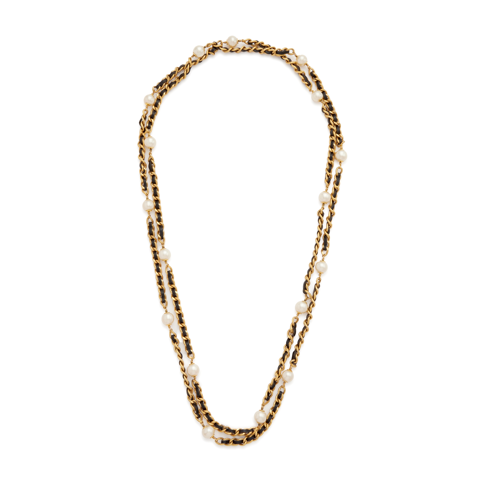 Chanel Gold Metal, Black Leather, and Imitation Pearl Long Necklace, 1993, Vintage Jewelry