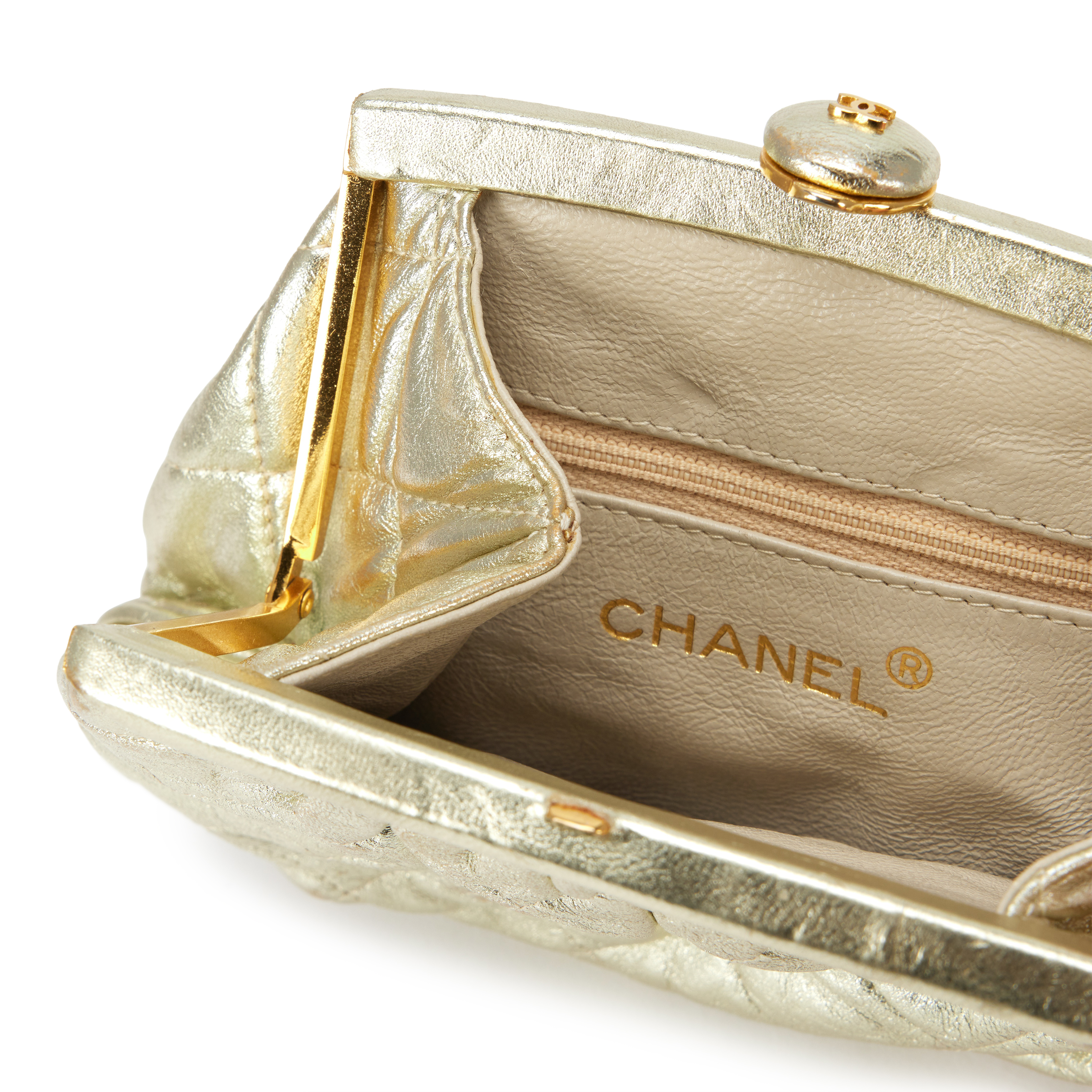 Chanel Vintage Metallic Gold Quilted Lambskin Tassel Kiss