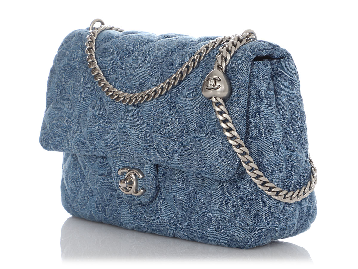 Chanel Camellia Denim Sweetheart Medium Flap Bag Silver Hardware