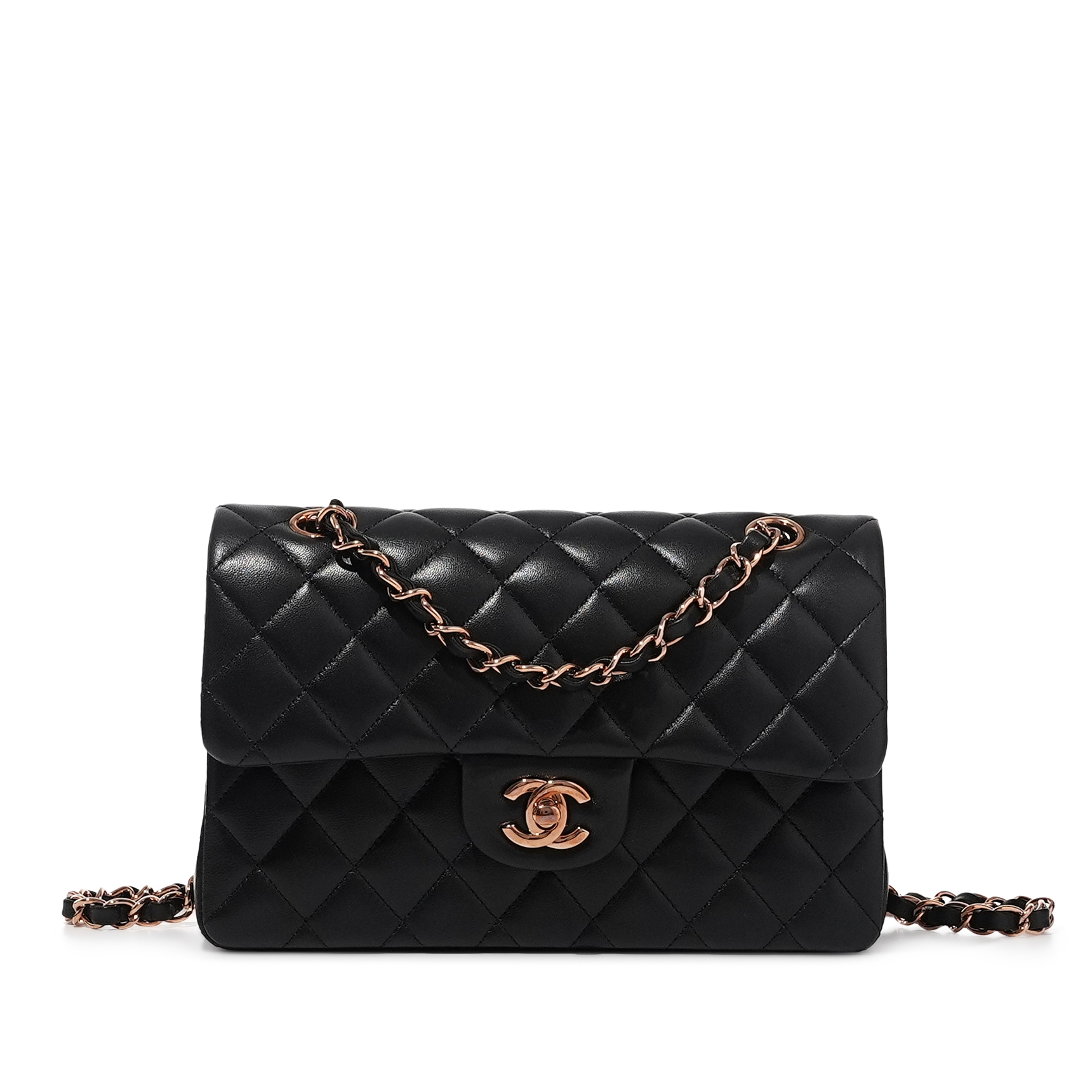 Chanel Black Quilted Lambskin Classic Double Flap Bag Rose Gold
