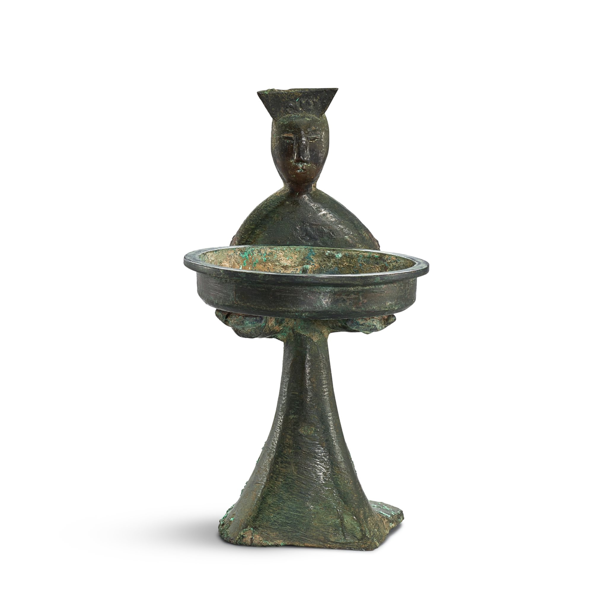 A rare bronze 'kneeling lady' oil lamp, Qin Han dynasty 秦至漢 青銅宮女捧燈