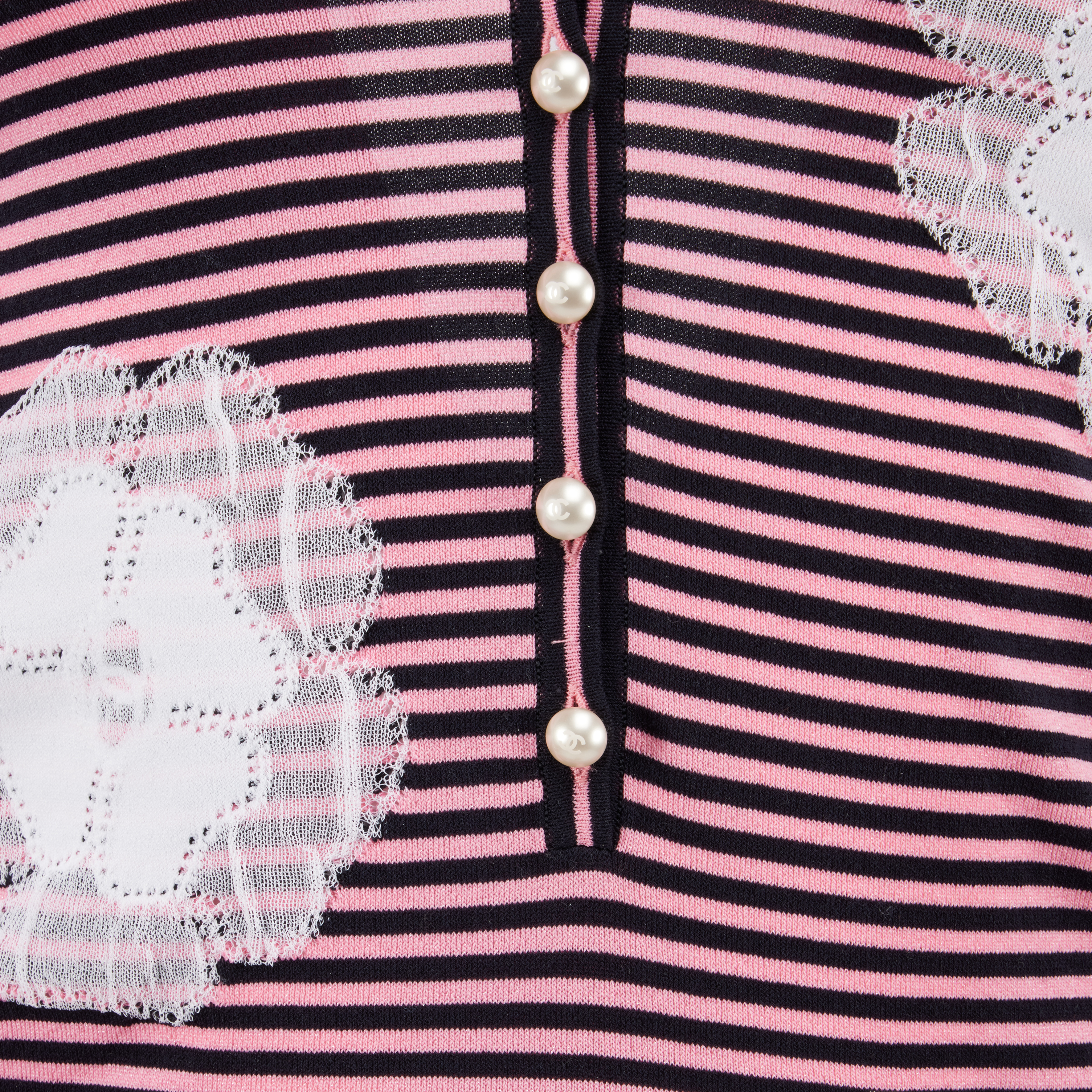 Chanel Pink And Navy Blue Camelia Flower And Pearl Button Ribbed V
