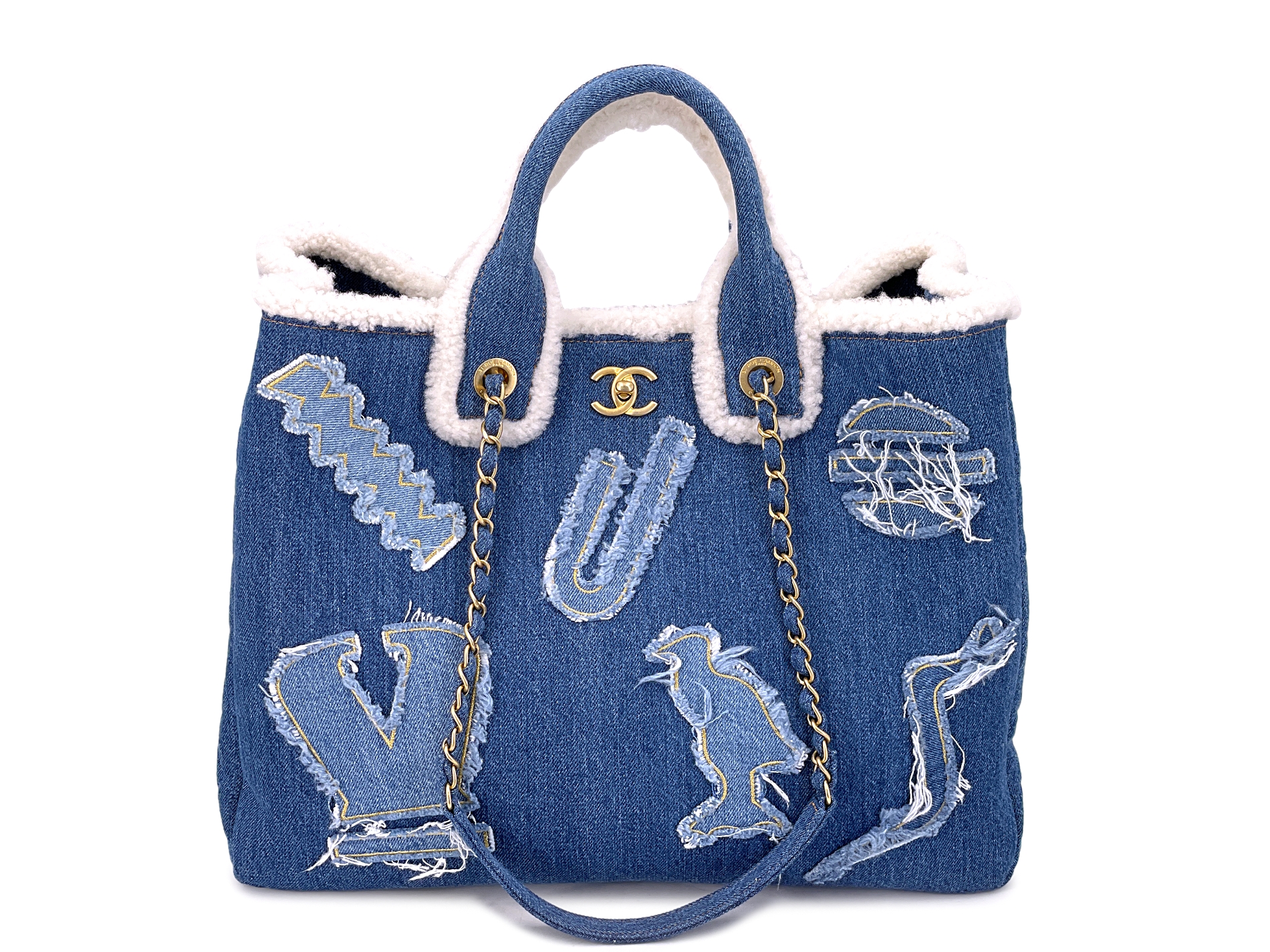 Chanel Blue Denim, White Shearling Paris-New York Hieroglyph Maxi