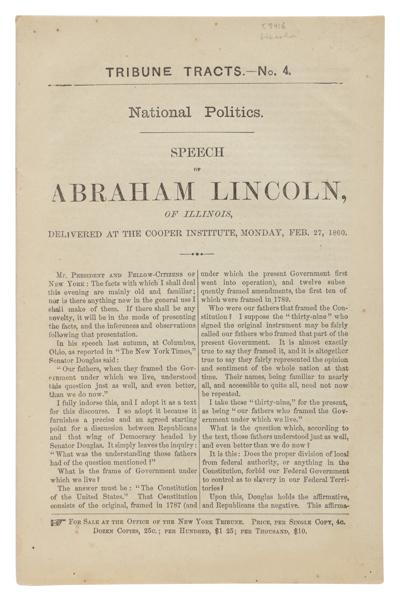 Lincoln, Abraham First separate printing of Lincoln's Cooper Union
