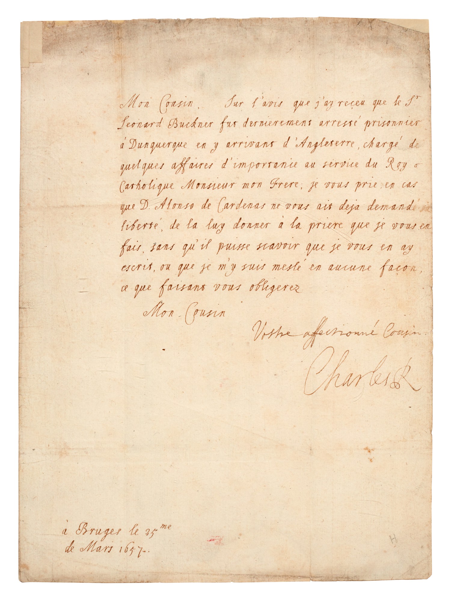 CHARLES II Letter Signed To The Marquis De Lede 25 March 1657 The