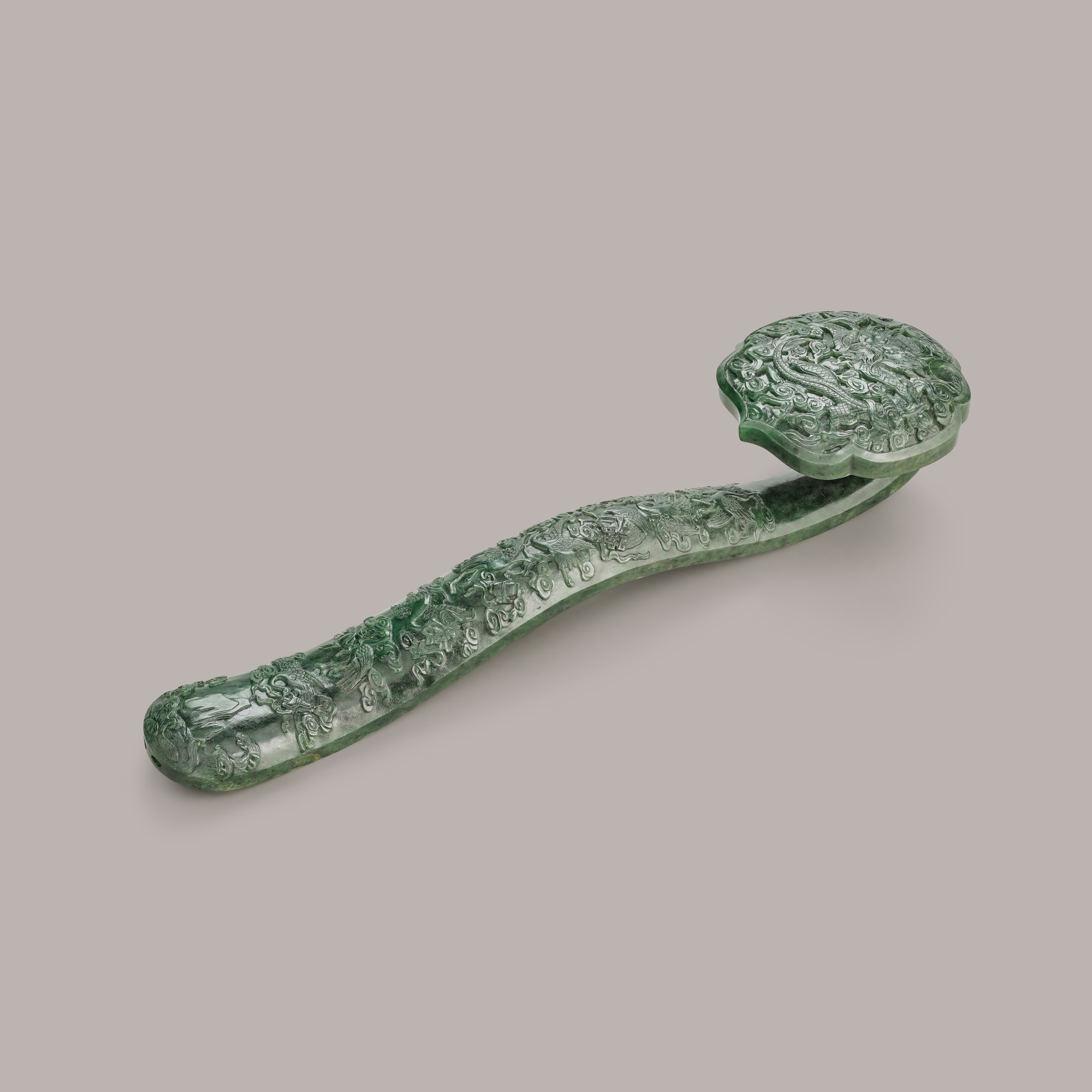 A large spinach jade ruyi sceptre late Qing dynasty | 晚清 碧玉八吉祥仙鶴紋如意 ...