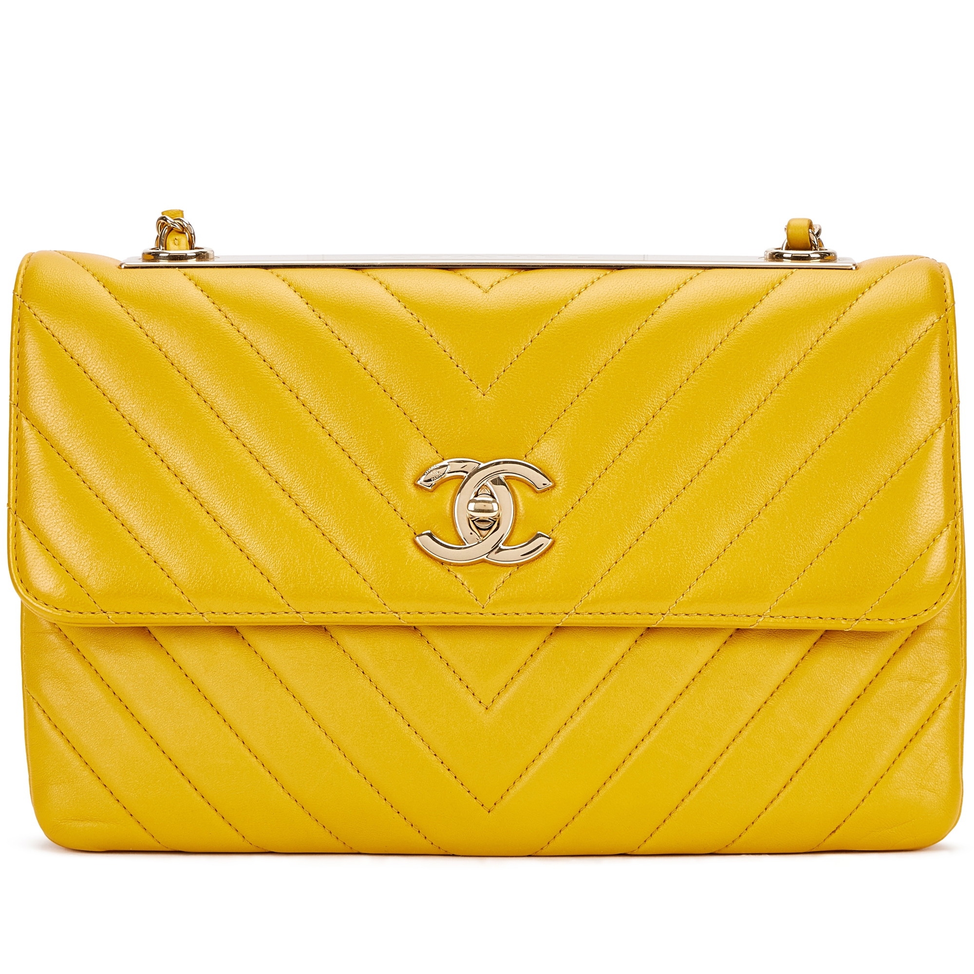 Chanel Yellow Chevron Calfskin Flap Bag Pale Gold Hardware, 2019