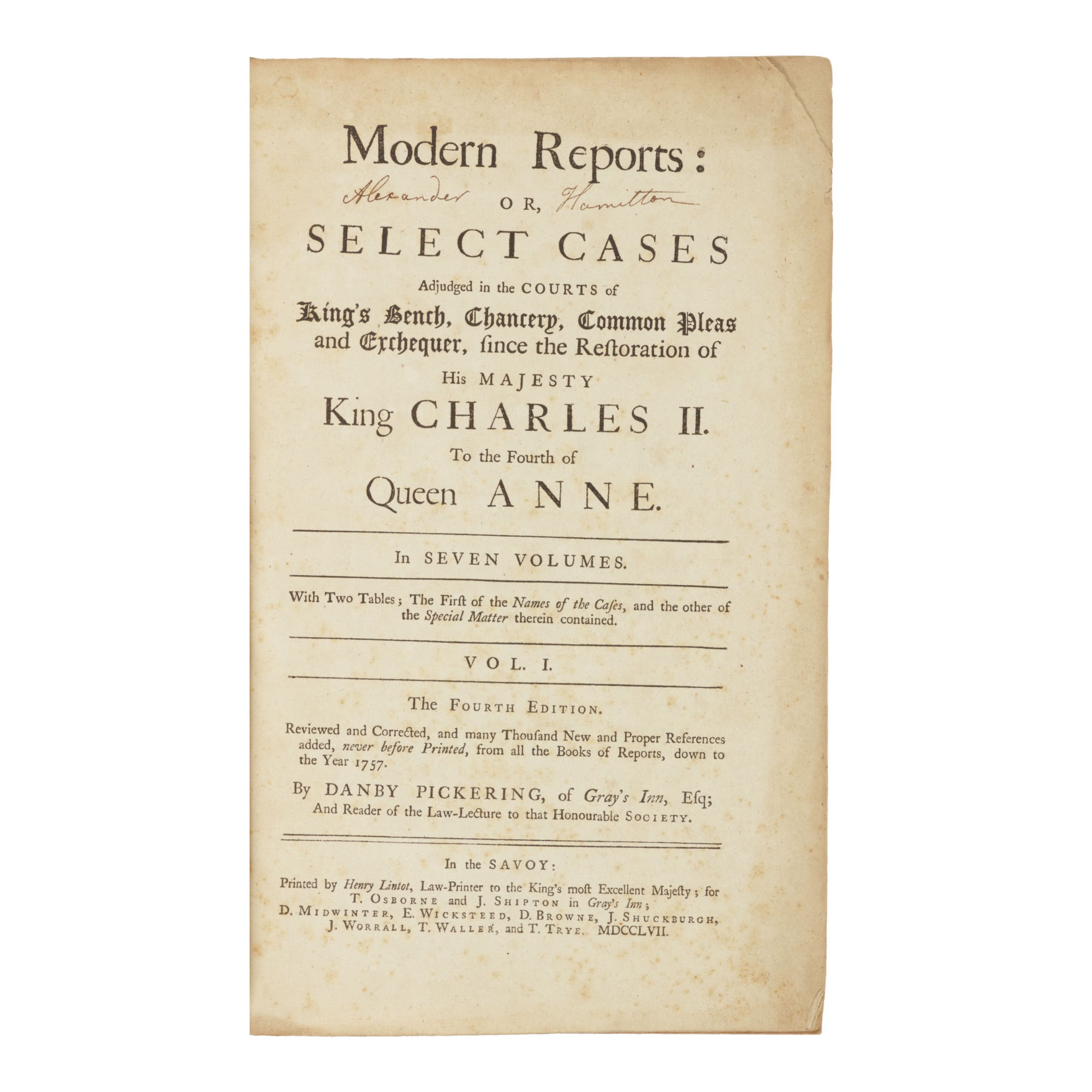 (Hamilton, Alexander) — Danby Pickering Hamilton's copy of the first
