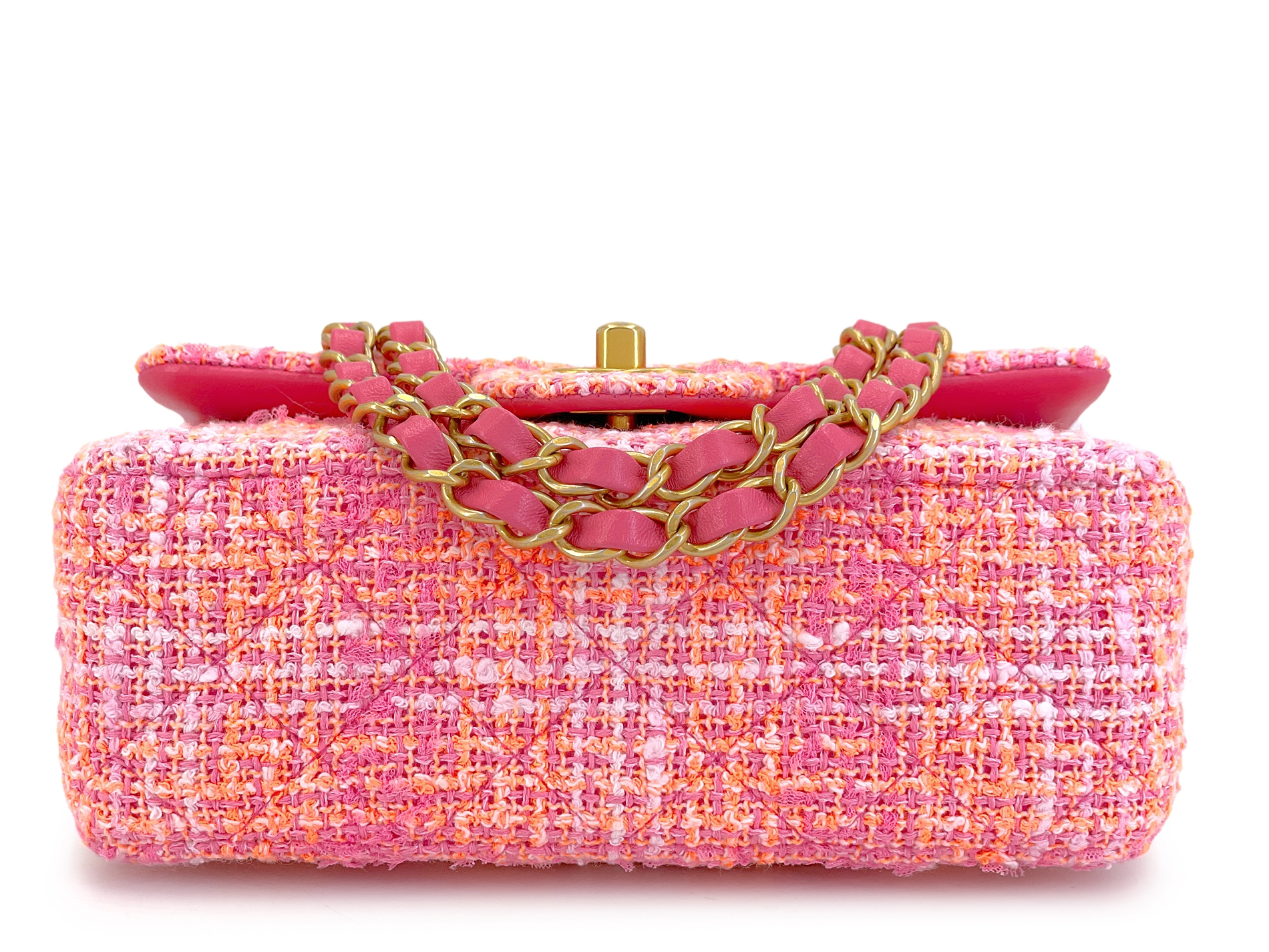 Chanel Sherbert Pink And Orange Tweed Mini Flap Bag Aged Gold