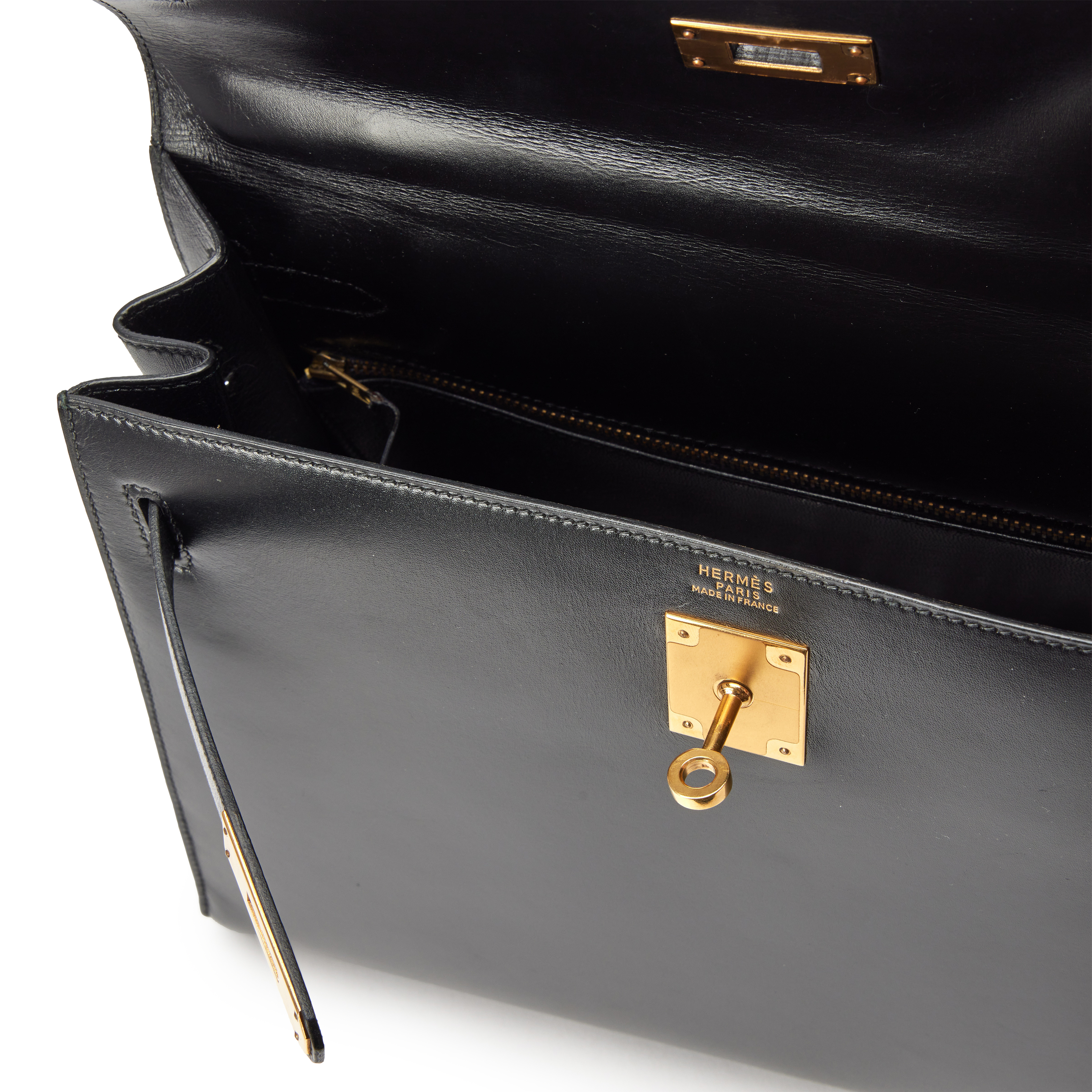 Hermès Vintage Vintage Black Box Calf Sellier Kelly 32 Gold