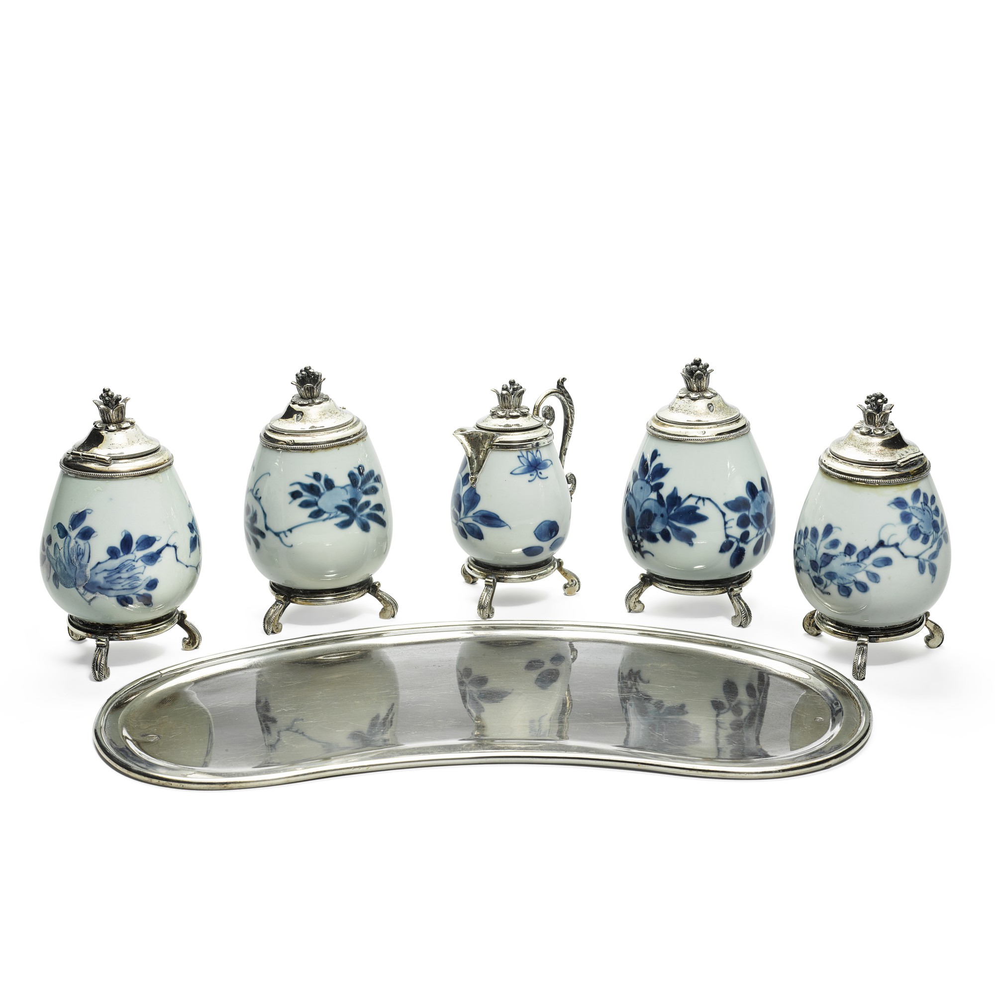 A porcelain condiment set, with silver mounts with the tughra of Sultan