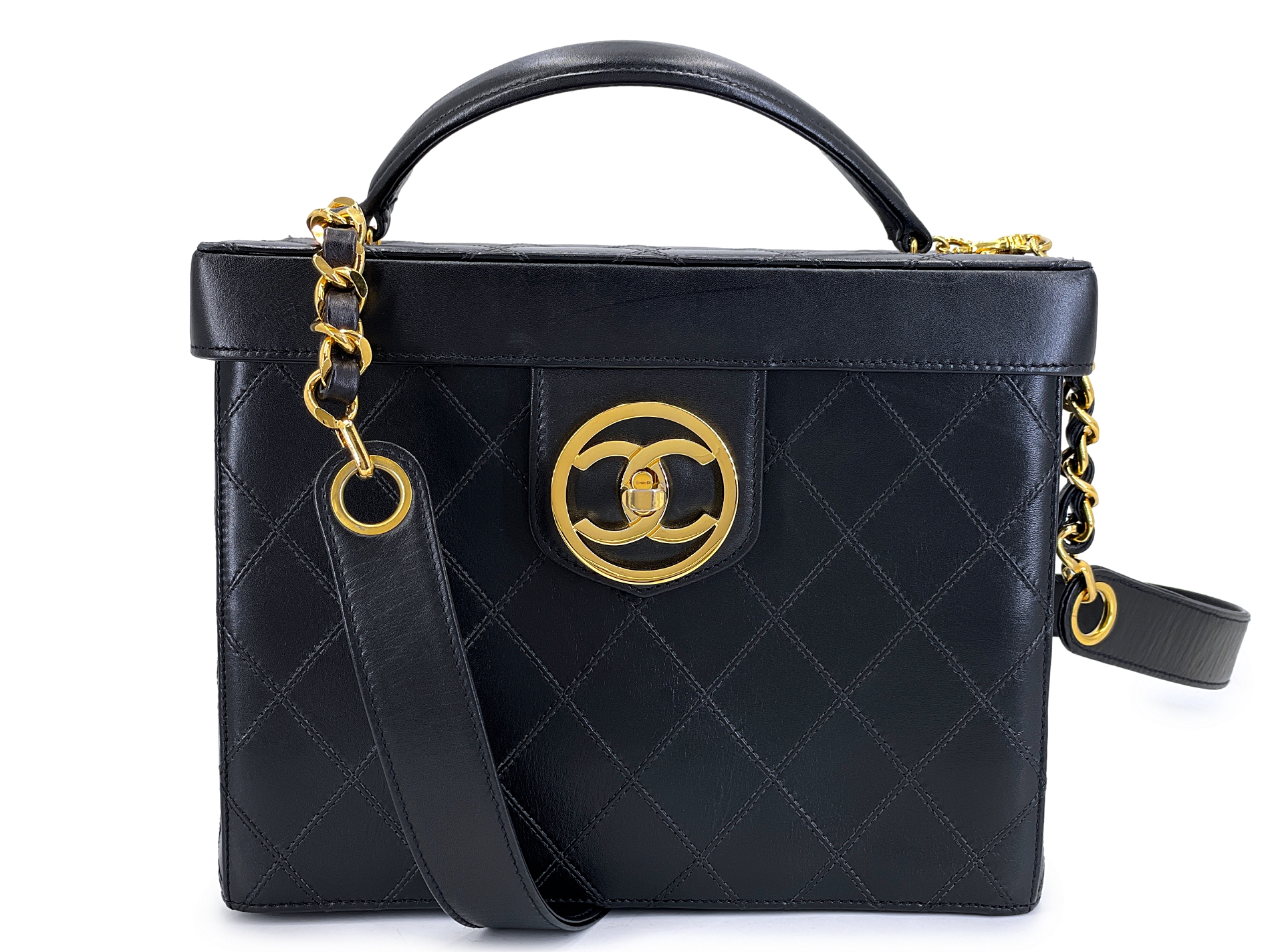 Chanel Vintage Vintage Quilted Calfskin Box Vanity Case Gold