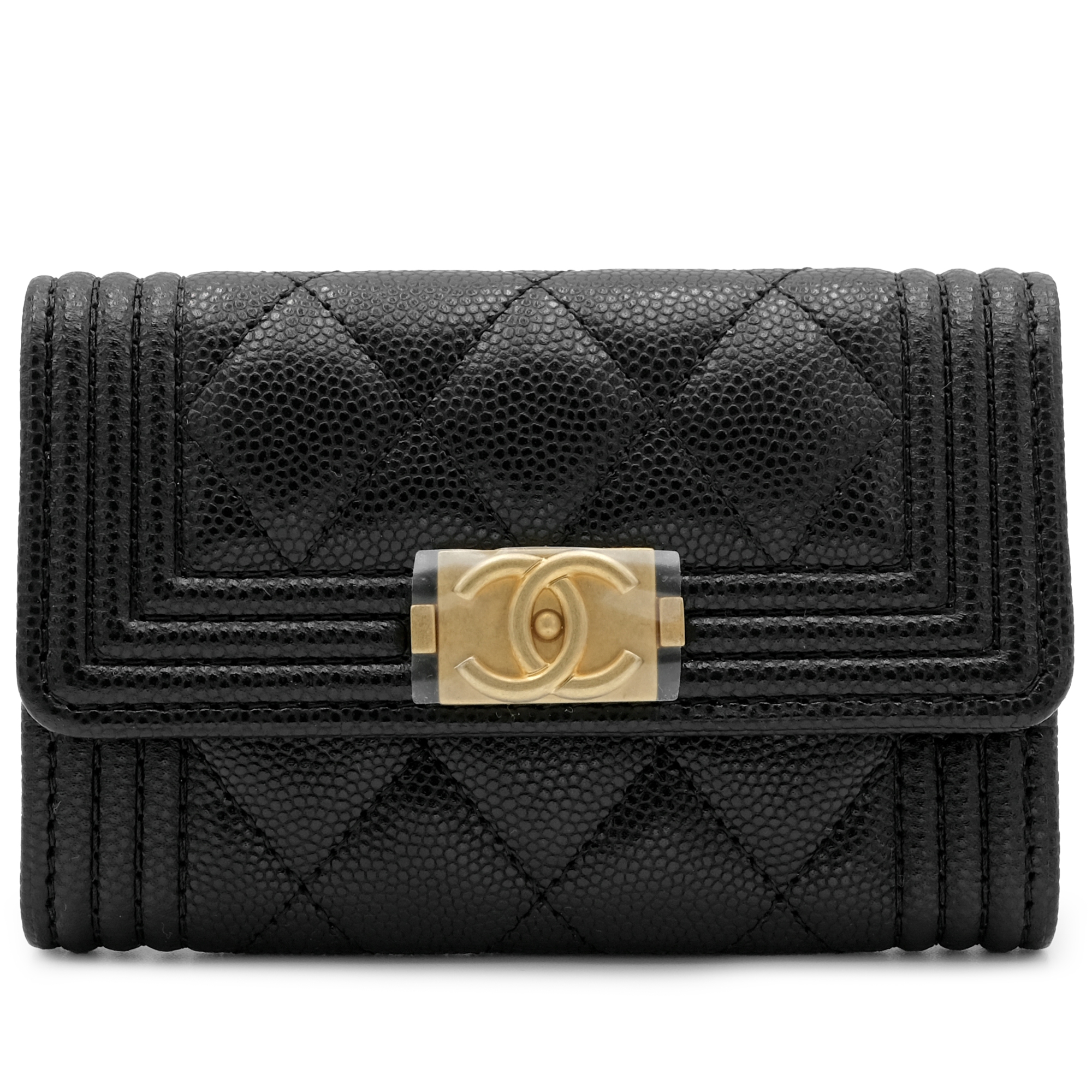 【即完売必至！】CHANEL★Boy Chanel Flap Card Holder Chanel Black Quilted Caviar Boy Flap Card Holder Gold