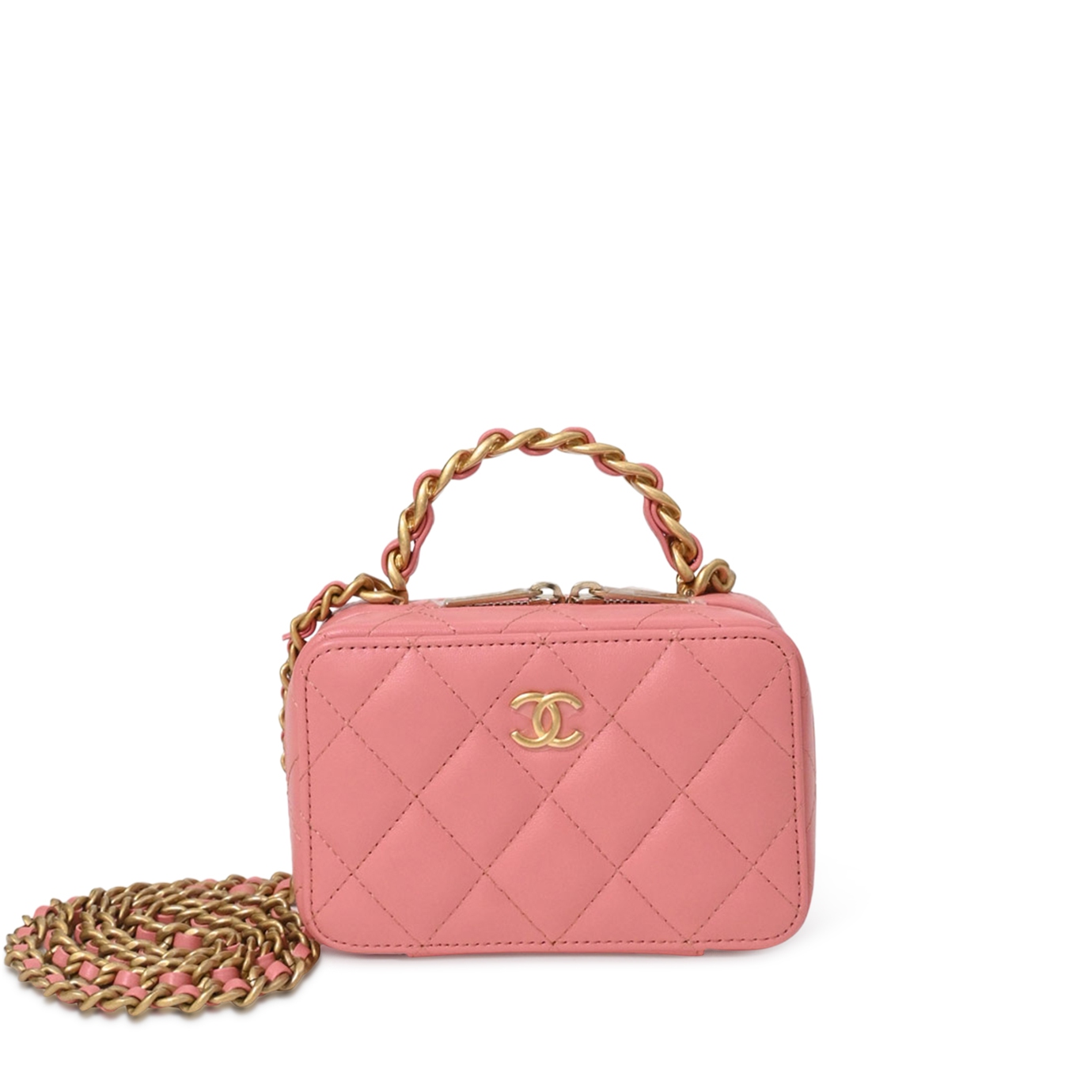 Chanel Pink Quilted Lambskin Top Handle Vanity Case Aged Gold
