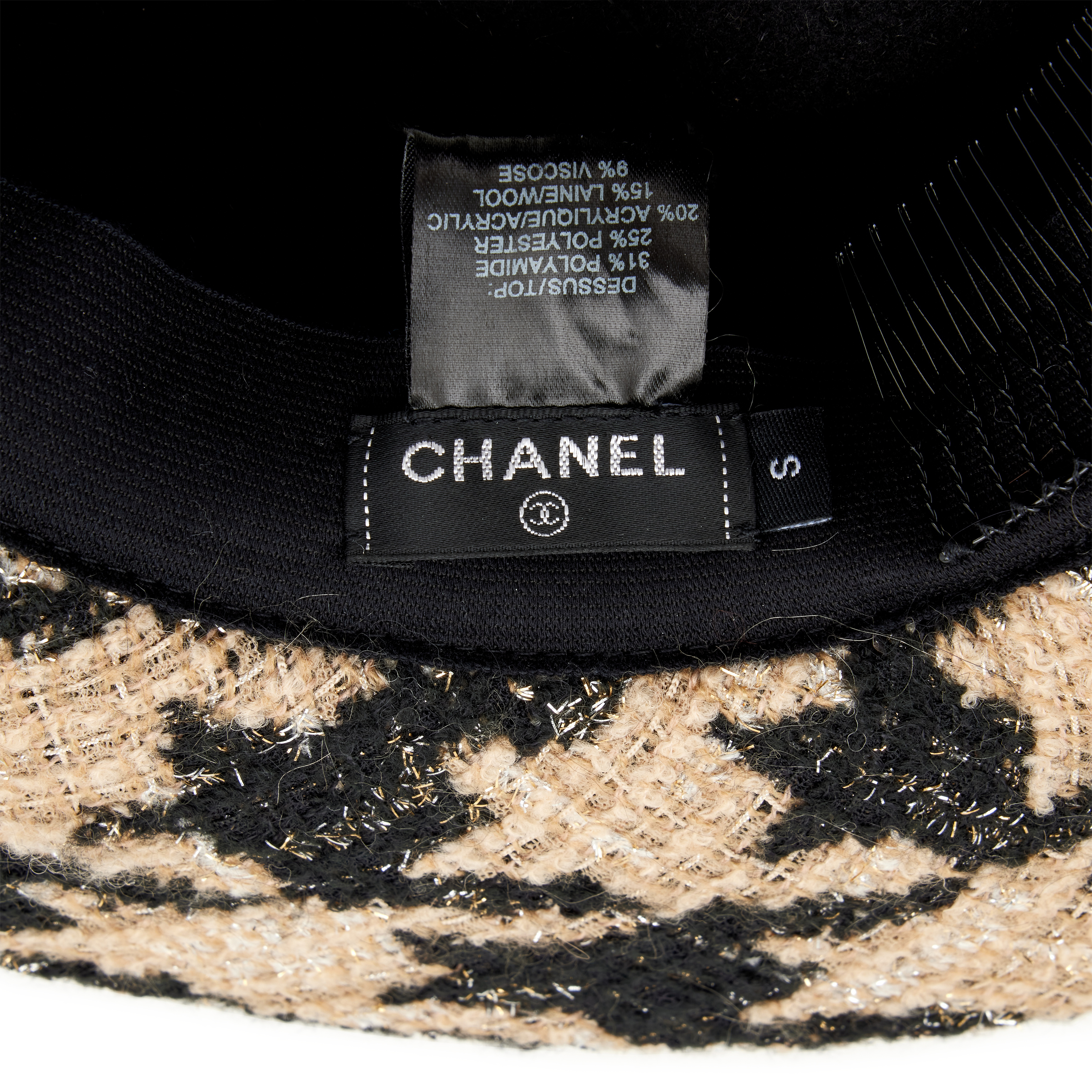 Chanel Beige, Black And Silver Houndstooth Tweed Fedora Hat 