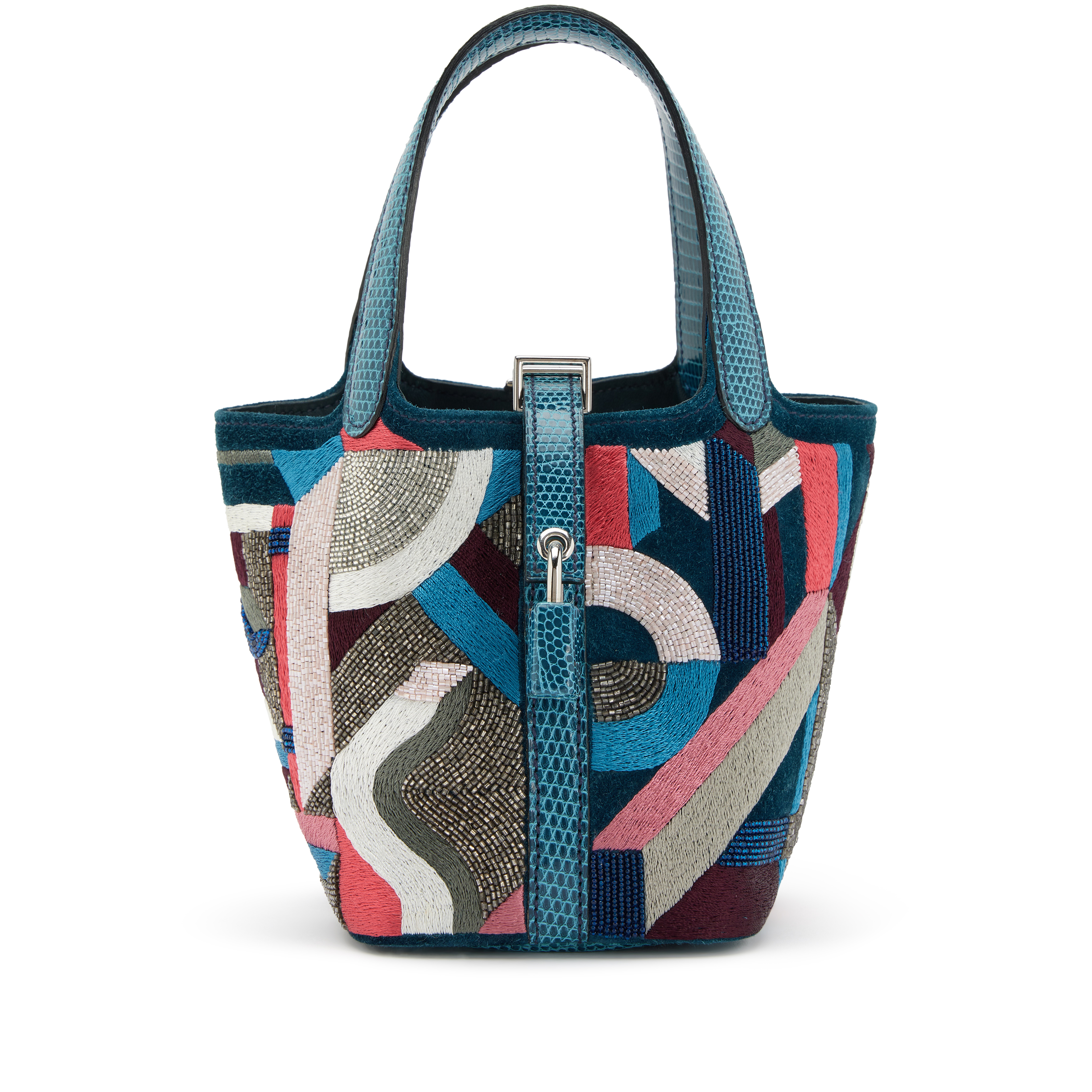 Hermès Limited Edition Bleu Petrole Multicolor Lizard, Suede, And